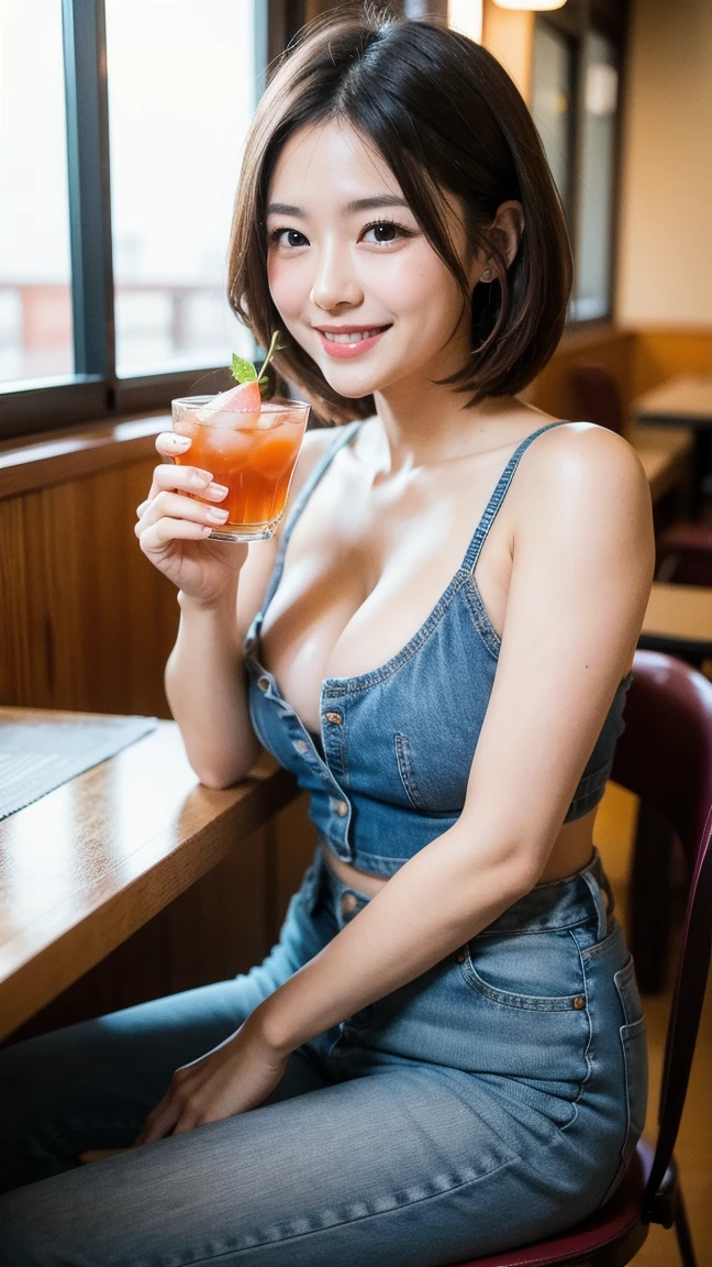 (The background is a coffee shop with a view of the sea:1.5), (Photo of Japan girl smiling affectionately:2.0), (Photos of her from head to ?????:2.0), (look at viewr:2.0), (Wearing a small tank top and miniskirt:1.5), (Both hands are hidden under the table:2.0), (8K, Raw photo, a award winning photo of a beautiful, 超A high resolution:1.5), Sigma Lens 50mm f1.8, Shutter Speed 1/2000, one Japanese girl, Cute, 3D, (???????????:1.3), ((See all cleavage:1.5)), (Accurate depiction of the clavicle:1.0) ,  (look at viewr:2.0),  (Sweet smile:1.5), (Her eyes are squinting affectionately:1.5), (Her lacrimal sac is affectionately bulging:1.5), (The corners of the eyes rise affectionately:1.0), (zora々Glowing skin:0.5),  (Shining eyes:1.5),  (Shiny hair:1.2),  (Beautiful shiny lips:1.5),  (No makeup:1.0), wearing small jewelry earrings:1.0, Wavy short hair:1.2, (Wearing a tank top with a wide ????? opening:2.0), (The tank top has a very small and cute pattern.:1.2),  (See all cleavage:2.0),  (Backgrounds with a variety of beautiful elements:1.5),  (Detailed backgrounds:1.5), (The background photo is an award-winning and very beautiful place:1.2),The coffee shop is decorated with wood grain interiors and green plants, Window with ocean view。Create a relaxed atmosphere. Inside the coffee shop, appearance々People of any age or occupation々Gather to enjoy a cup of coffee, tee, a cake, and sandwiches. Behind the coffee shop, Bookshelf available, Where Novel, essay, magazine, etc. is lined up. Across the table is sitting a cute girl. She wears a light blue striped tank top and a blue miniskirt. There is iced tea on the table.. It comes in a clear glass with ice and lemon floating on top. Iced tea is a refreshing drink that relieves the summer heat. She chats happily while sipping iced tea through a straw. Her voice is high and bright, She laughs a lot, It seems to brighten up the whole atmosphere of the coffee shop.