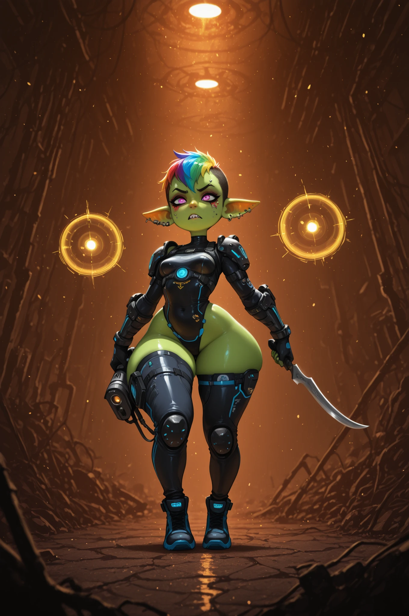 female punk, rainbow colors hair, very short hair, black eye , facial piercings, eye makeup, small breasts, meduim hips, (goblin girl:1.0) (shortstack:1.0) (green skin:1.0) (pointy ears:1.0) (wide hips:1.0)| Scimitar Engineer, sci‑fi mechanic in futuristic workshop, detailed armor with glowing blue accents, holding advanced welding tool, cybernetic enhancements on left arm, intense focused expression, dynamic pose, high‑tech environment with floating holograms and machinery, cinematic lighting, ultra‑detailed, 8K, --ar 16:9 --style raw --v 6