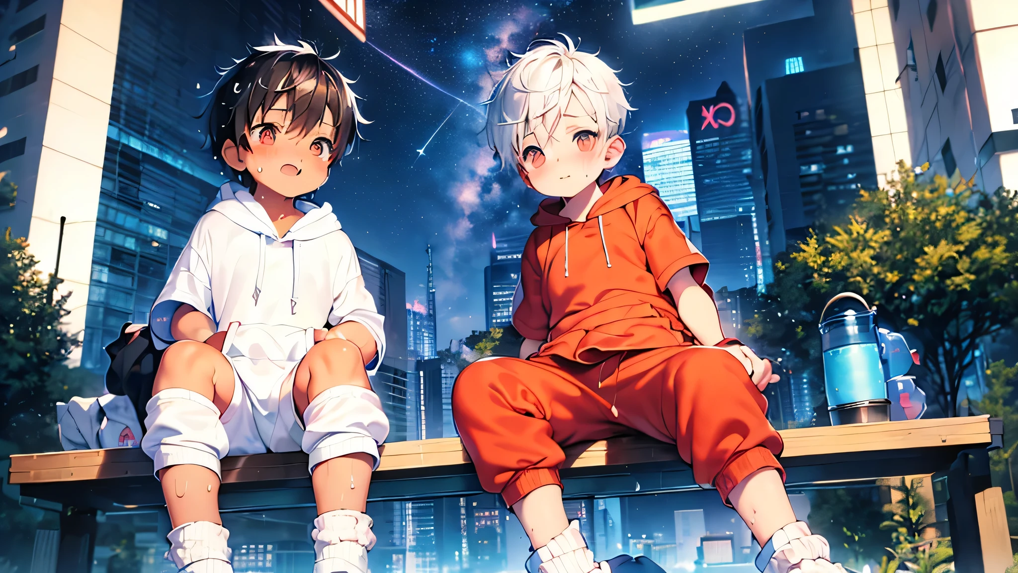 chubby Little boy with white hair and shiny red eyes and colorful socks wearing a hoodie, and sweatpants sitting on a bench, blushing, drooling, young, boy, child, small, toddler, soft light, starry night sky, beautiful sky,(sweatpants:1.8), (socks:1.8), (little boy:1.4), (shota:1.4), (cute:1.4), (small:1.6), (hoodie:1.6), (night:1.6),