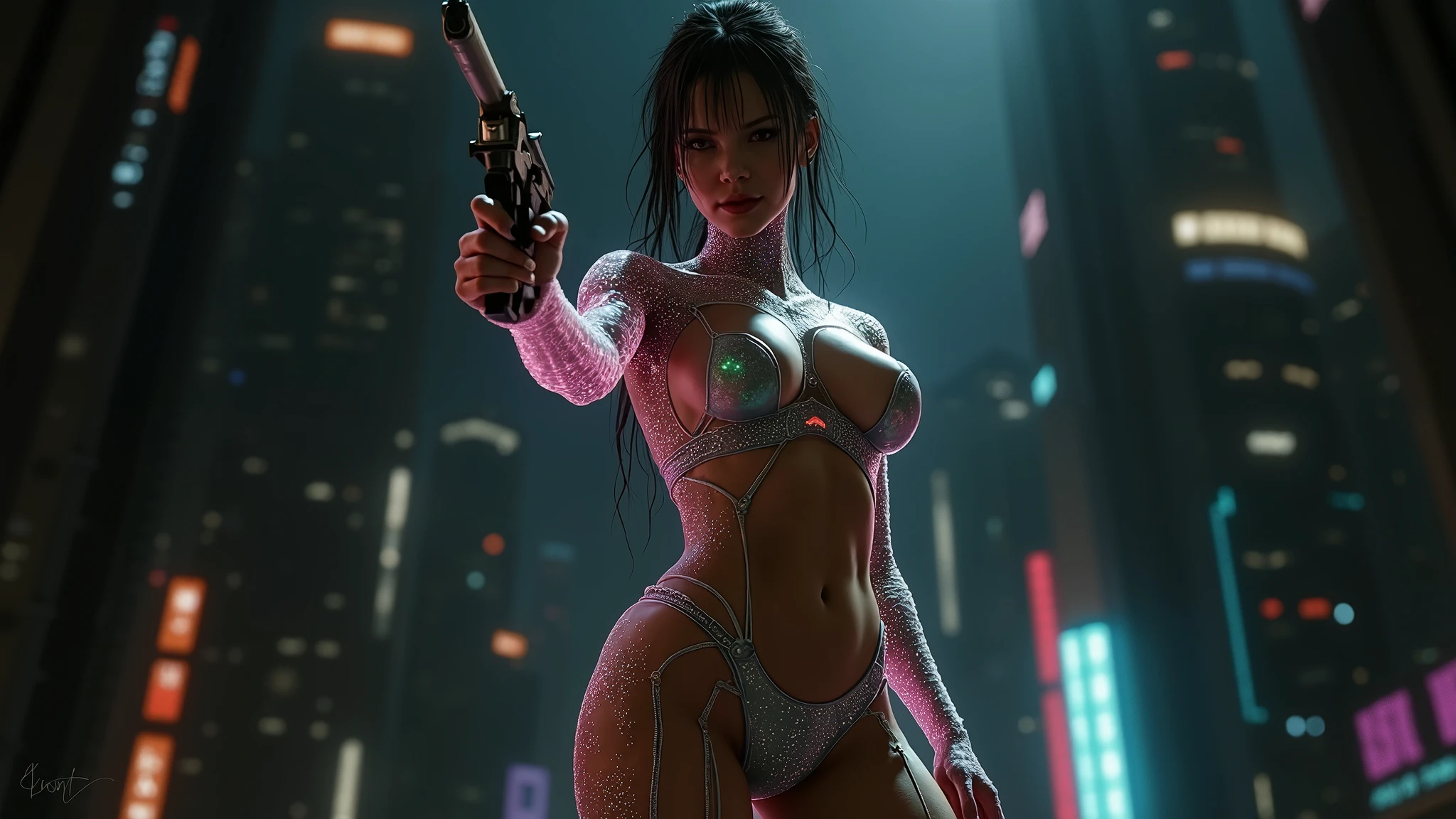 A girl dressed as Kusanagi Motoko from Ghost in the Shell, cyberpunk vibes, futuristic city setting, neon lights, digital art, intricate details, by Masamune Shirow, trending on ArtStation