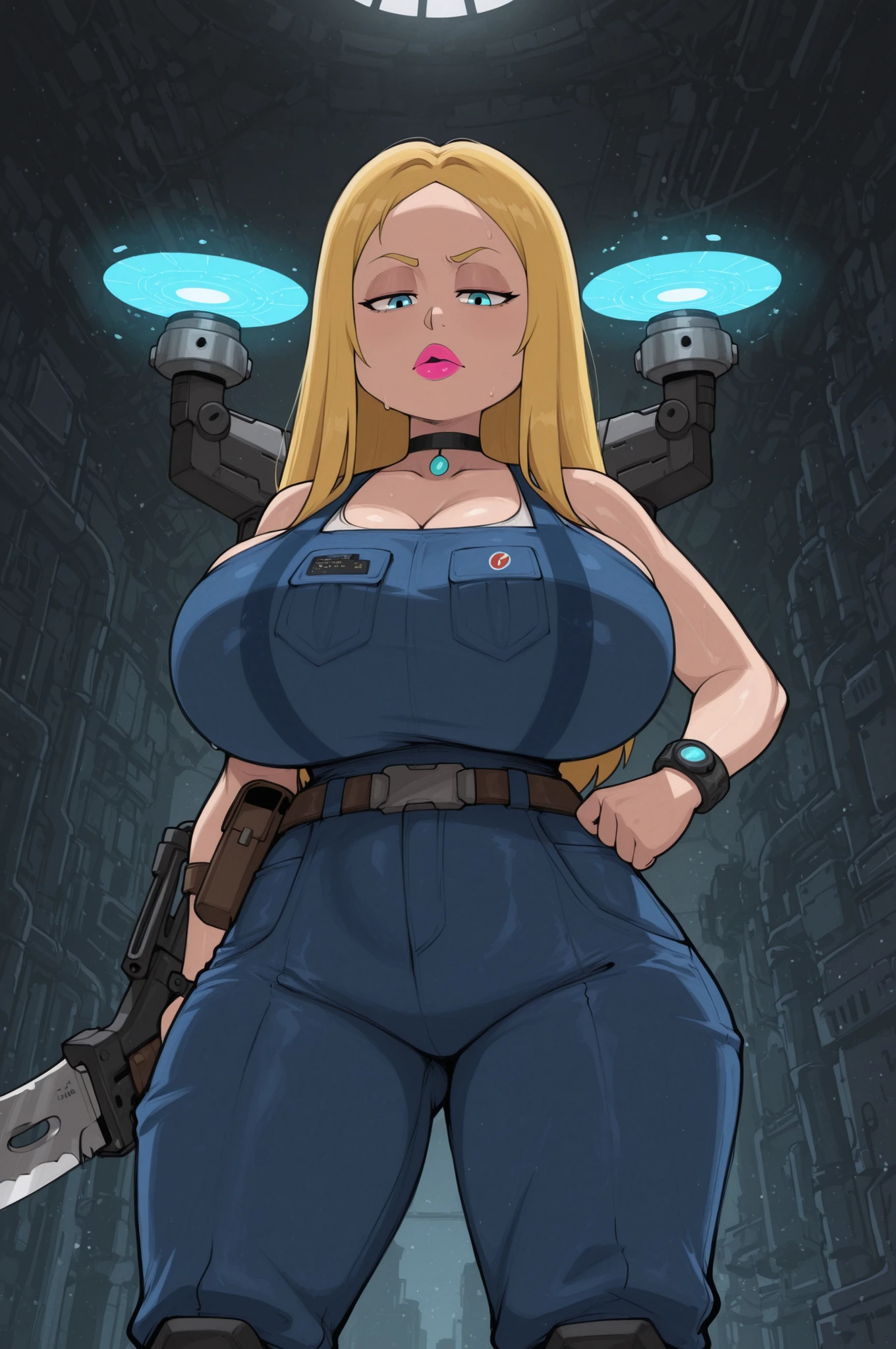 Francine Smith, looking at viewer, pink lipstick, choker, Blonde hair, huge saggy breasts. long hair. blonde hair, | Scimitar Engineer, sci‑fi mechanic in futuristic workshop, detailed armor with glowing blue accents, holding advanced welding tool, cybernetic enhancements on left arm, intense focused expression, dynamic pose, high‑tech environment with floating holograms and machinery, cinematic lighting, ultra‑detailed, 8K, --ar 16:9 --style raw --v 6