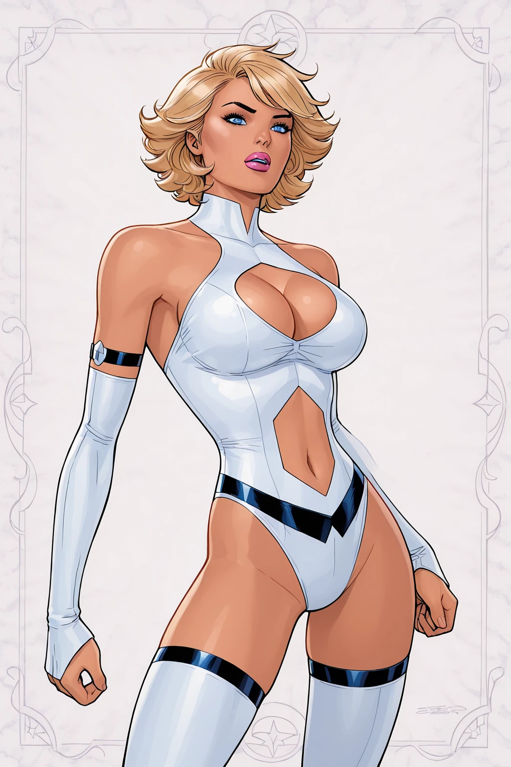 masterpiece, white ????????, full body shot, cleavage, gorgeous woman, clone, barcode, blonde, slave collar, 1girl, bobcut