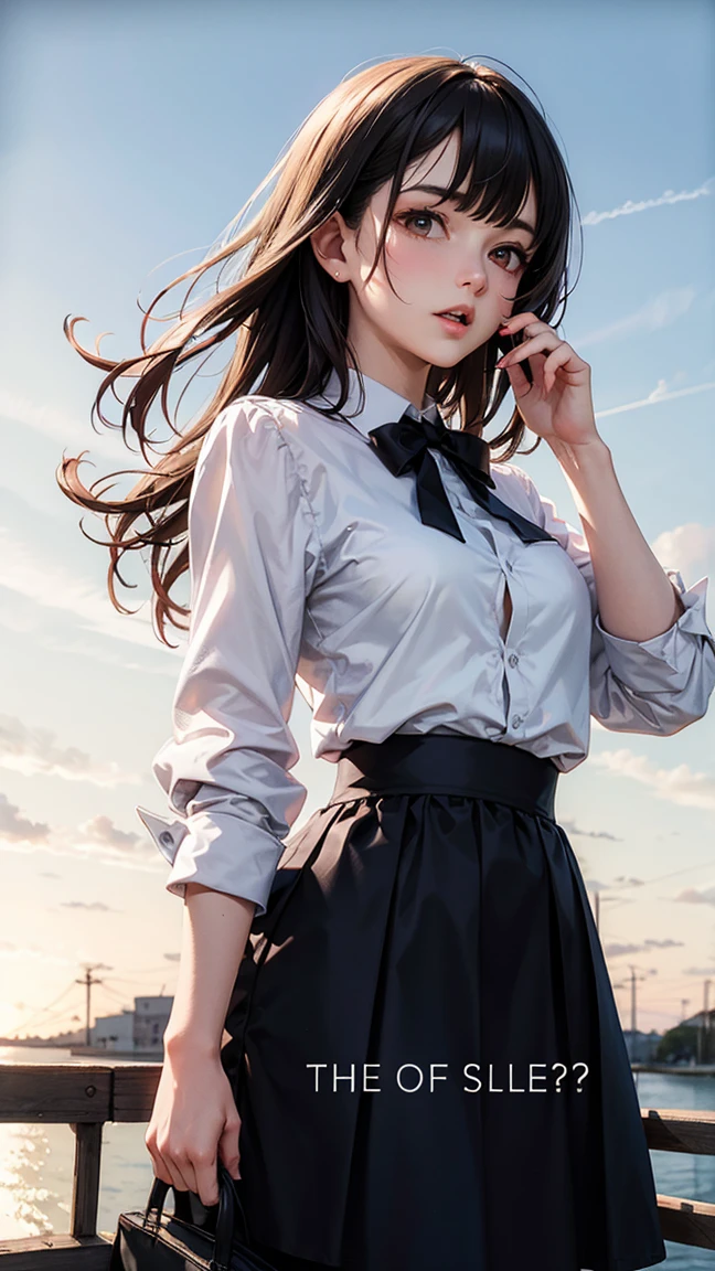 Adult Girls。cute、City of night、Looking up at the stars in the sky、Serious face、Composition from below、Tons of stars、Grab the skirt