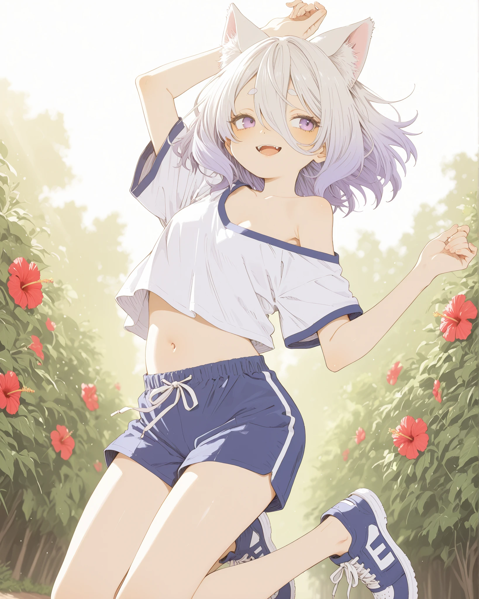 ((Abara Heiki style)), ((Masterpiece)), ((best quality, amazing quality)), ((very aesthetic, absurdres, newest)), ((detailed background, negative space, blurry background, depth of field, Asymmetrical background)), (dynamic angle, wide shot, from side), (backlighting), ((1girl, solo)), Cute young Girl, (Healthy Gaunt body, Textured skin, small , cleavage, tilt head), ((brown-skin)), Glossy hair, (hair between eyes, long bangs, long side bangs), (medium hair, platinum-gold hair, unruly hair, gradient hair), (( smile, open mouth wide)), sharp fangs, (pale purple eyes, gradient eyes, averting eyes, looking at side), big eyes, (short eyebrows), glossy lips, pouty lips, (lower eyelashes), fuzzy cat ears, BREAK, (loose cropped shirt, shirt overhang, pure white shirt), (see-through silhouette:0.5),  left shoulder, (gym shorts, Navy blue shorts), Thick-soled Sneakers, Beautiful neckline, (stretch out both arms and hands, stretch arms up, slightly exposed cute navel), outdoor, (high jumping on the Gentle hill, hopping) Blooming Hibiscus, blossaming Hibiscus, intense sunlight, Tropical way, way overgrown with wild grasses, wind blow, ((Idyllic atmosphere)),
