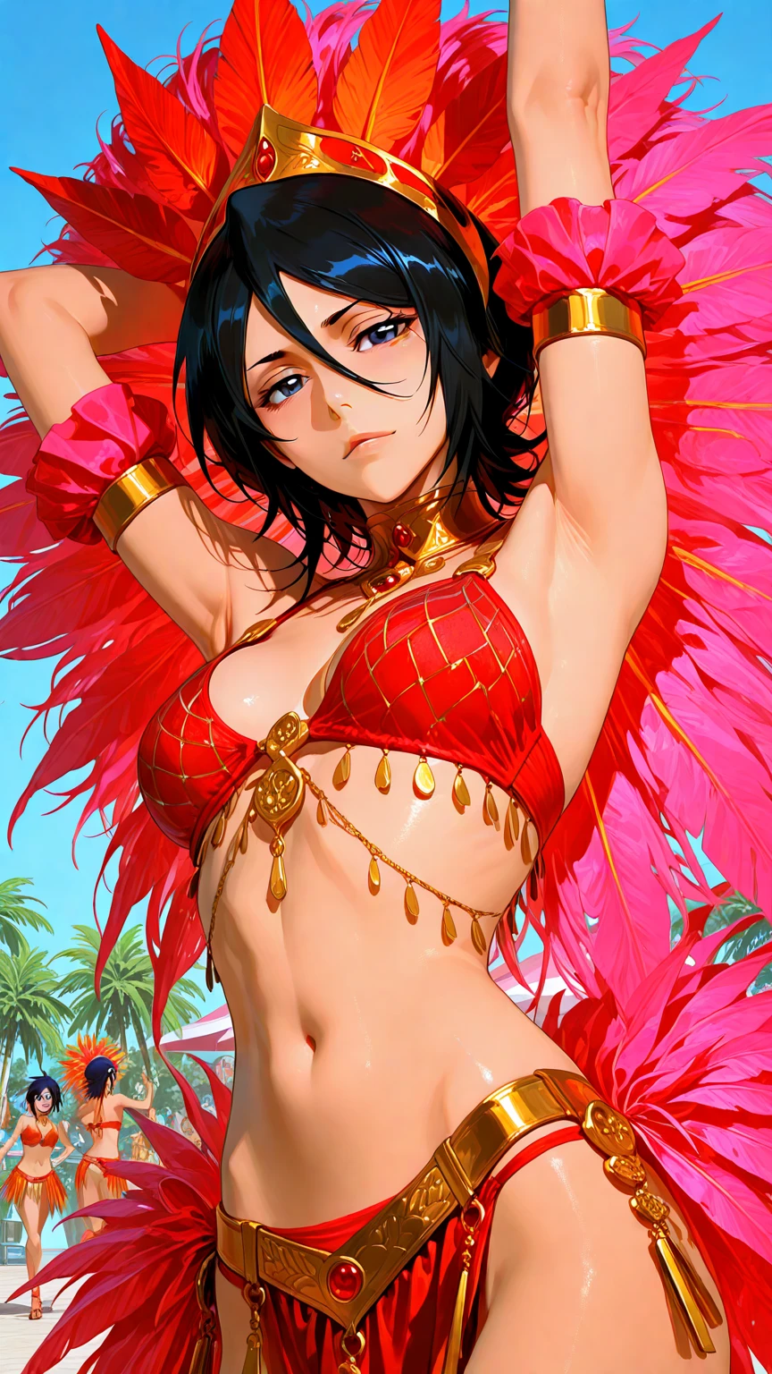 1Mulher, cabelo de rabo de cavalo, arms up, (pele colorida, Pele cinza:1.2), Olhos vermelhos, sozinho, Presas de vampiro afiadas, delineador, corada, cabelo vermelho cacheado, ??????????????, tatuagem, micro high cut ??????, olhando para o espectador, maquiagem, boca aberta, fundo gradiente, standing on her feet , pernas abertas, virilha exposta, camelo, corpo inteiro,