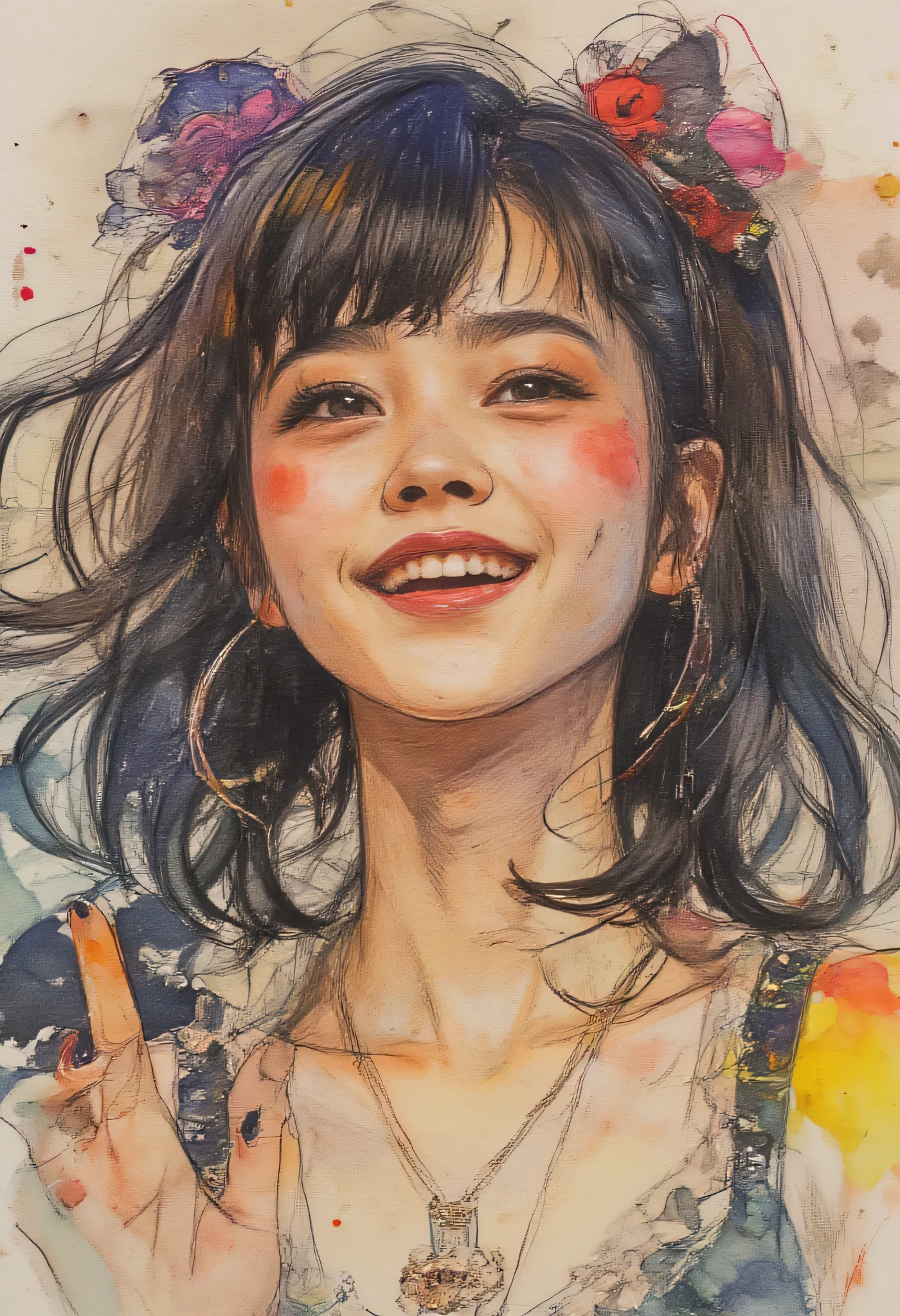 Beautiful Girl Portrait Watercolor Painting, Enthusiastic Stage Performance Theme、Smiling pose、ink stained background, apparent sketch、yuimetal 、sketching