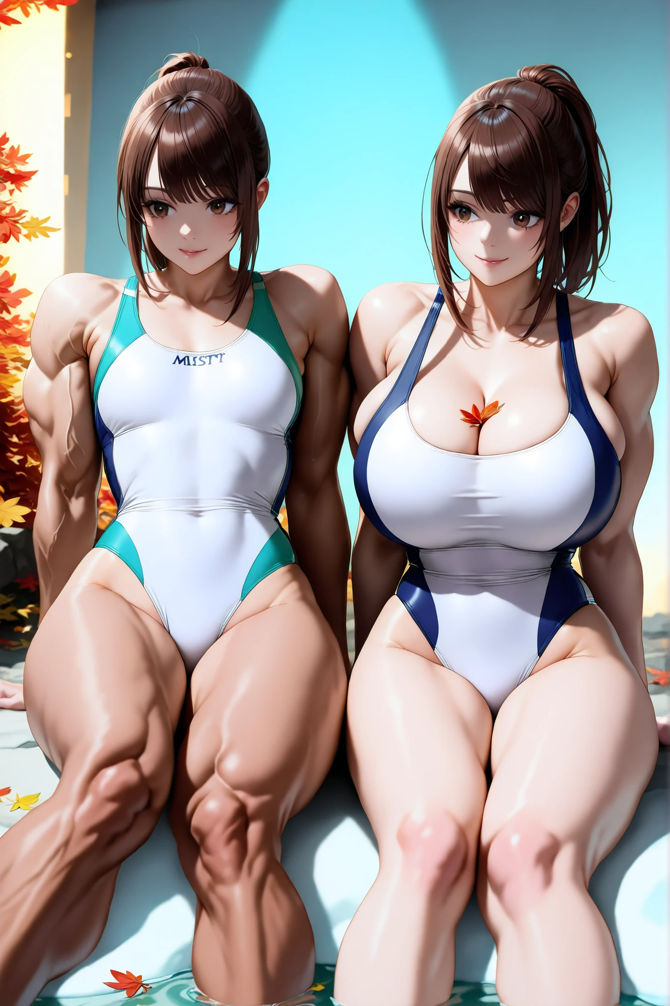 score_9, score_8_up , score_7_up , just describe what you want, tag1, tag2,official art, official style,game cg,illustration,
(masterpiece:1.5),(most detailed:1.5), (high resolution:1.5), (best quality:1.5),(perfect anatomy:1.5), (4K:1.3),
女の子2人:1.3, (side-by-side:1.5),左側に1人目\(優子\),右側に2人目\(聖子\),(competitive swimsuit:1.3),

(1人目  is muscular:1.8, 1人目 is flat chest:1.5, 1人目 is toned body:1.5, 1人目 wears green competitive swimsuit :1.3  ),

(2人目 is non muscular:1.8, 2人目 is huge breasts , 2人目 wears cleavage wears navy blue competitive swimsuit:1.3, 2人目 is ponytail with natural bangs: 1.3) ,

2人は日本人,(2人は黒髪:1.5),2人はbrown eyes,smile:1.3,
( Outdoor, Hot Spring ,mist:1.5,moonlit lake with shimmering reflections, Autumn, autumn leaves, fallen leaves :1.5),(  midnight, cold blue-black atmosphere, quiet and mysterious, dark, minimal light, cool rim light, silver glow, spotlight, vignetting, slightly sidelighting  :1.5 )