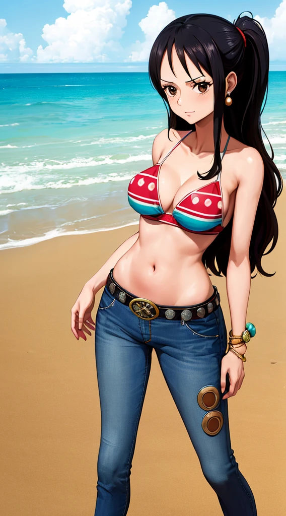 (masterpiece, best quality:1.4), (standing:1.4), (dynamic pose:1.2), (at beach), EdobNicoRobin, black hair, long hair, solo, medium breasts, (smile), sunglasses, blue eyes, eyewear on head, cleavage, closed mouth, hair slicked back, jewelry, collarbone, (swimsuit, crop top, cloth around waist) 1girl,  solo, (european youth  woman:1), looking at viewer, beautifull smile, beautiful face, highly detailed face, highly detailed eyes, subsurface scattering, realistic pupils, full face blush, full lips, detailed background, depth of field, volumetric lighting, sharp focus, absurdres, realistic proportions, (realistic, hyperrealistic:1.4), 16k hdr