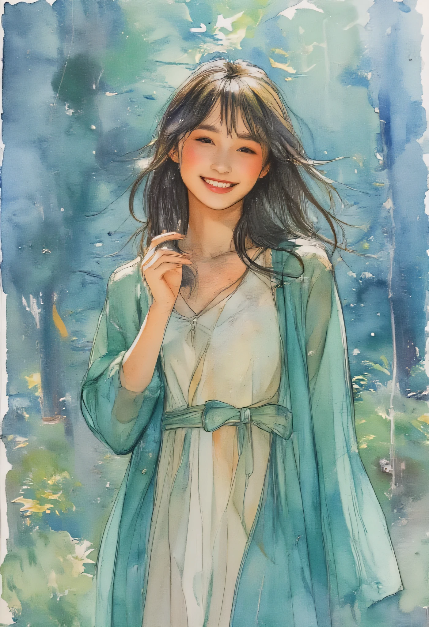 Beautiful Girl Portrait Watercolor Painting, Enthusiastic Stage Performance Theme、Smiling pose、ink stained background, apparent sketch、Shepherdess Ribo 、sketching