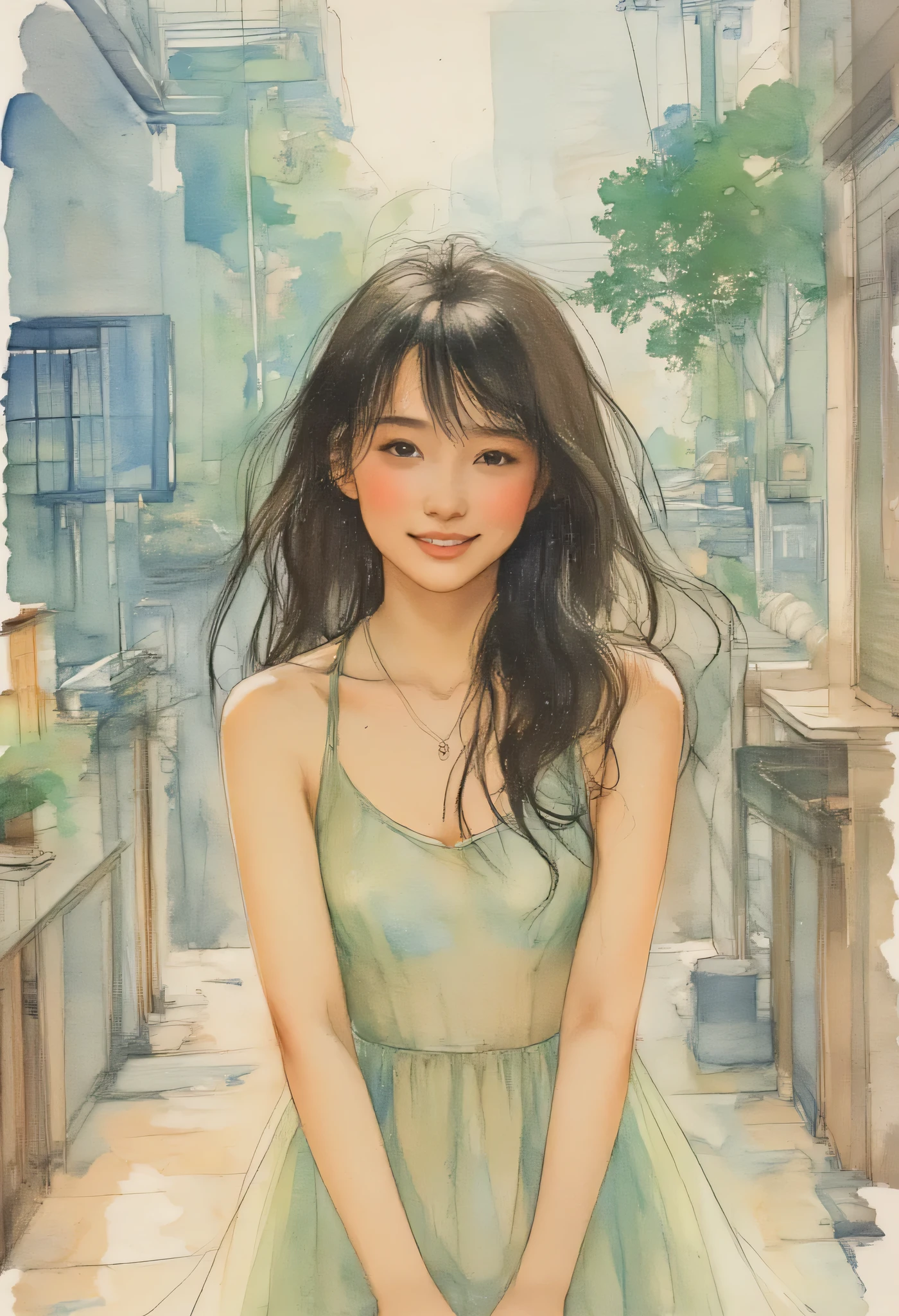 Beautiful Girl Portrait Watercolor Painting, Stage performance、Smiling pose、ink stained background, apparent sketch、Shepherdess Ribo 、sketching