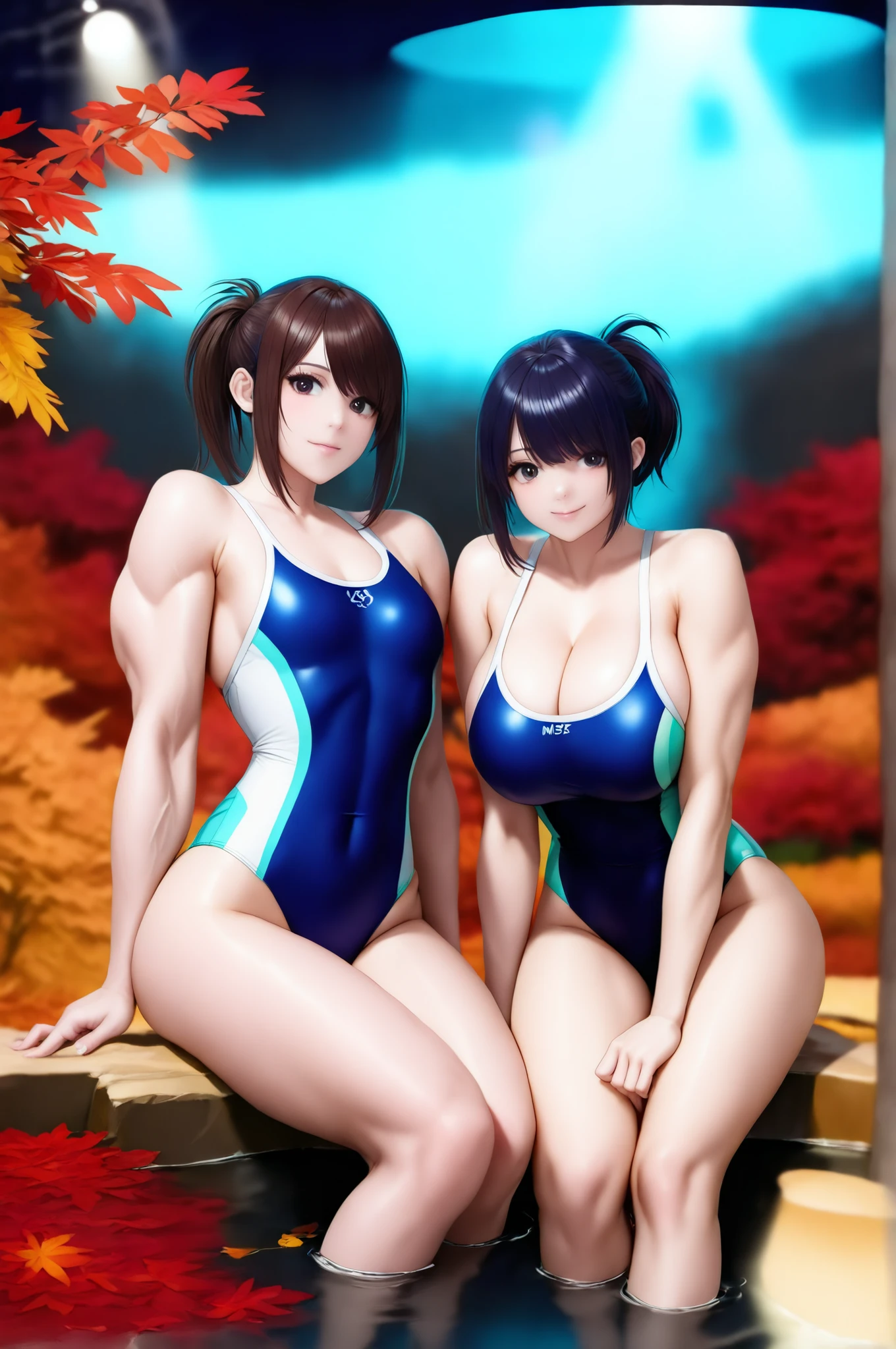 score_9, score_8_up , score_7_up , just describe what you want, tag1, tag2,official art, official style,game cg,illustration,
(masterpiece:1.5),(most detailed:1.5), (high resolution:1.5), (best quality:1.5),(perfect anatomy:1.5), (4K:1.3),
女の子2人:1.3, (side-by-side:1.5),左側に1人目\(優子\),右側に2人目\(聖子\),(competitive swimsuit:1.3),

(1人目  is muscular:1.8, 1人目 is flat chest:1.5, 1人目 is toned body:1.5, 1人目 wears green competitive swimsuit :1.3  ),

(2人目 is non muscular:1.8, 2人目 is huge breasts , 2人目 wears cleavage wears navy blue competitive swimsuit:1.3, 2人目 is ponytail with natural bangs: 1.3) ,

2人は日本人,(2人は黒髪:1.5),2人はbrown eyes,smile:1.3,
( Outdoor, Hot Spring ,mist:1.5,moonlit lake with shimmering reflections, Autumn, autumn leaves, fallen leaves :1.5),(  midnight, cold blue-black atmosphere, quiet and mysterious, dark, minimal light, cool rim light, silver glow, spotlight, vignetting, slightly sidelighting  :1.5 )