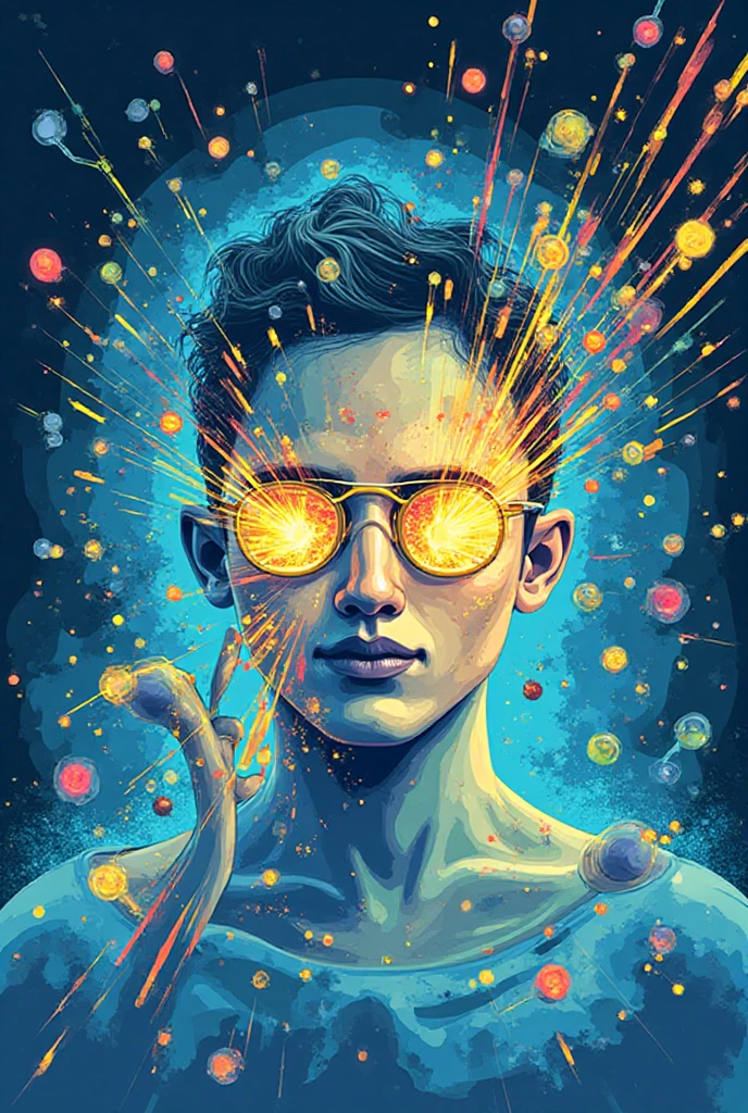 Wearing Glasses, full body, by dan mumford, dramatic composition, cinematic dynamic action scene, vibrant colors, cinematic lighting, dramatic lighting, best quality, masterpiece, very aesthetic, perfect composition, intricate details, ultra-detailed