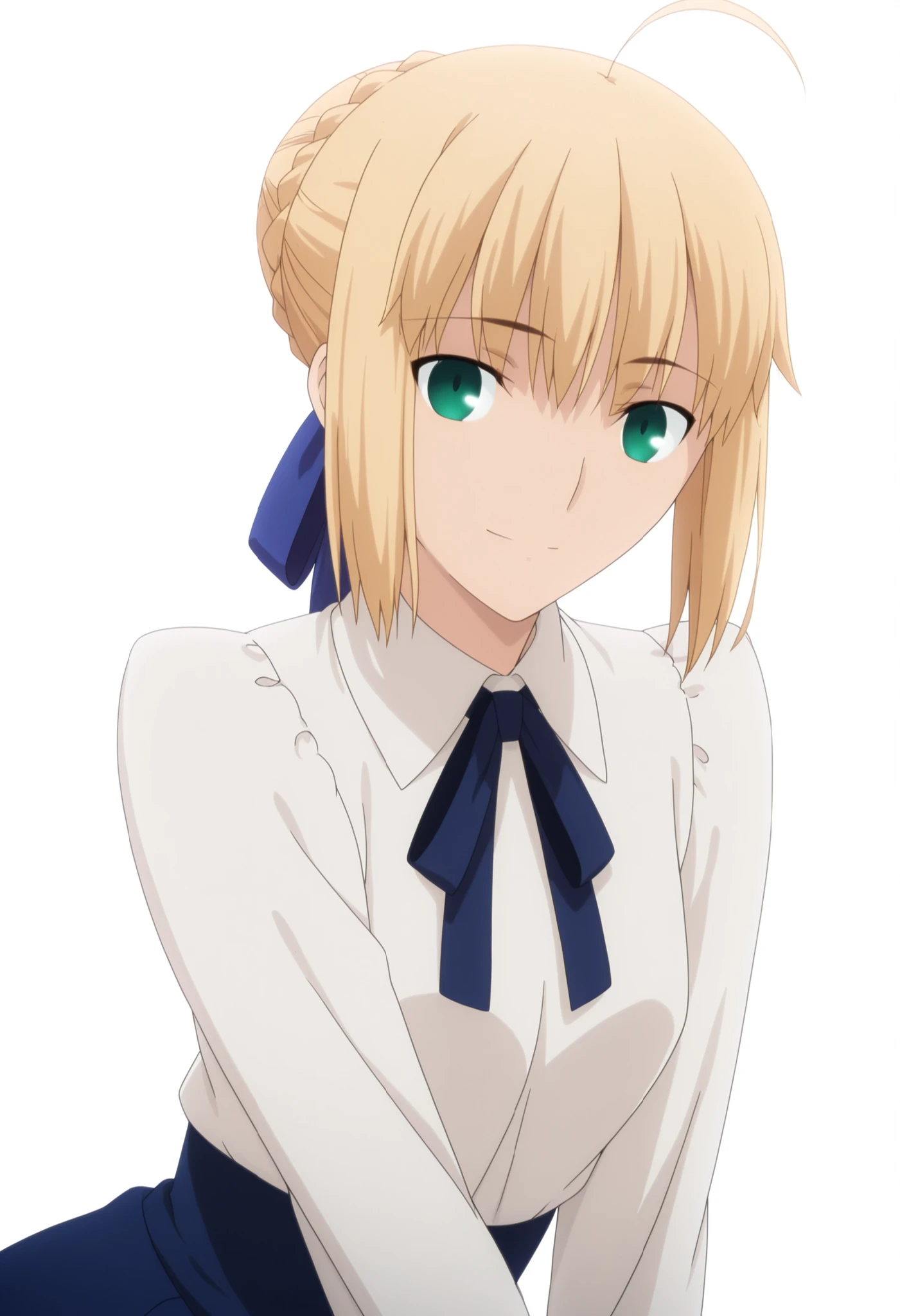 masterpiece, best quality, amazing quality, highres, absurdres, very aesthetic, high resolution, ultra detailed, perfect details, day , 8k, , , from ,backlight, , (beautiful light), ,((white background, simple background)), soft natural light , dutch angle,
1girl, ufotable style, anime style, (anime coloring), (anime screencap) ,(), cowboy shot,,(yokozuwari), head tilt, ,
artoria pendragon (fate), saber (fate), blonde hair, green eyes, ahoge, stupid hair ,hair ribbon, blue ribbon, french braid, braided bun, single hair bun, short hair, sidelocks, looking at viewer,(glistening),(glistening skin),(glistening body), (glistening hair), (glistening Face), light smile,
white shirt, long sleeve, blue skirt, ,