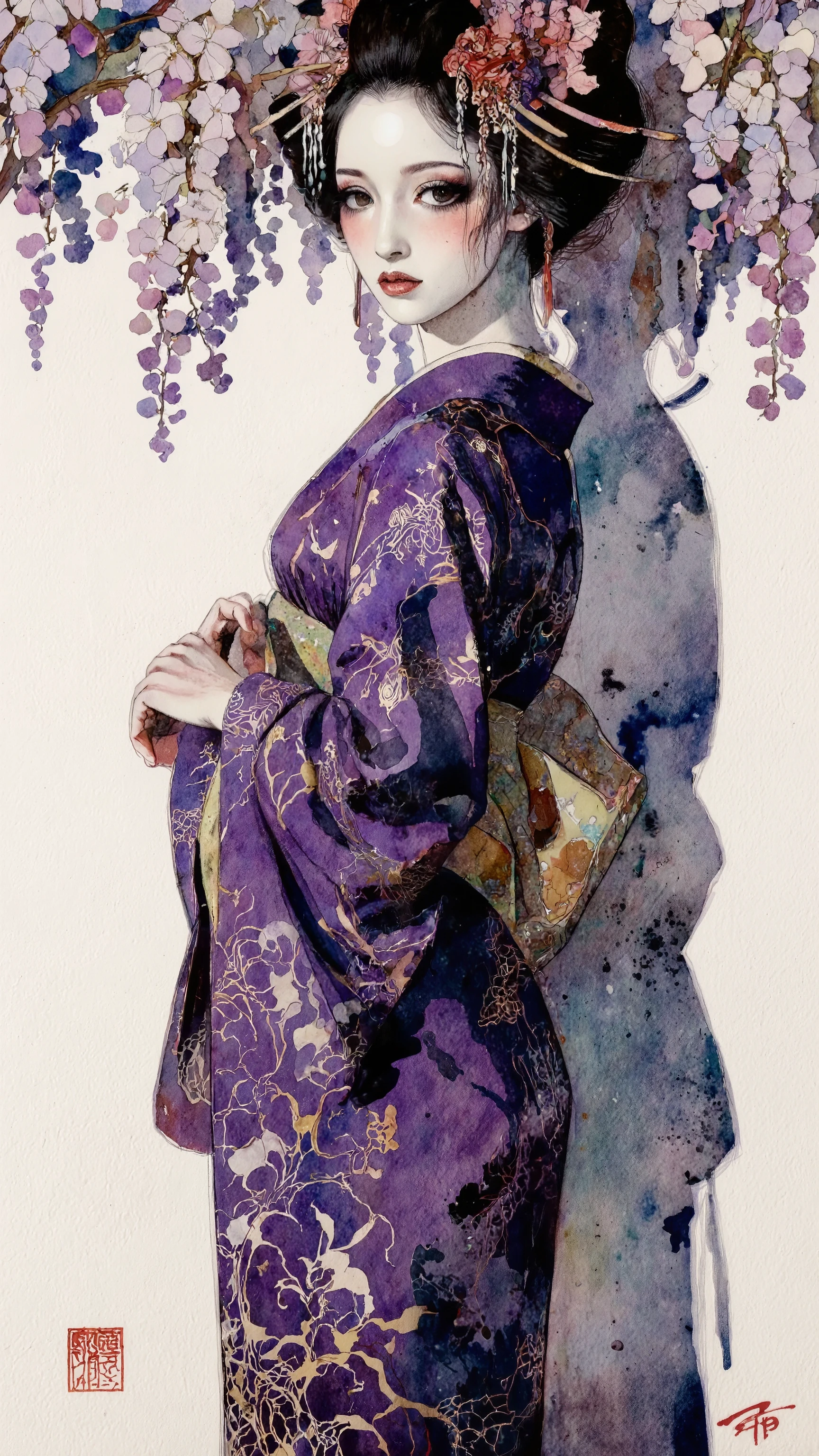 Watercolor Painting,fashion portrait,1 mysterious beautiful woman,Beautiful movie actress,A bewitching, wickedly seductive,dynamic pose,from side,solo,Femme fatale,dynamic pose,dynamic angle,wearing purple kimono,forcus face,black hair,Her shadow in the white background, wisteria in bloom,dramatic lighting,
the depiction is detailed. Themes of eros,A work themed around the Queen of the Night, semi realistic shadow,Watercolor Painting Colors,painted with a combination of sumi-e ink and soft watercolor washes,Brush-drawn lines and watercolor hues, delicate shadows and floating mist, serene yet eerie expression, subtle hints of darkness around her, ethereal and haunting, traditional Japanese aesthetics, high-detail brushwork,Simple yet powerful brushstrokes, evoking wabi-sabi and a distinctly Japanese aesthetic sensibility,Shading techniques with a strong emphasis on light and shadow,Gustav Klimt art style,art poster,characterized by a beautiful composition mindful of the golden ratio and Art Deco style. Its surrealism and illustration are distinguished by backgrounds rendered in a sharp, refined, and meticulous pointillist technique. Emphasis is placed on powerful lines, expressive facial details, and a dynamic composition with striking angles.Gustav Klimt art atmosphere,
,Aquirax,Art by Akiya Kageichi,oiran
