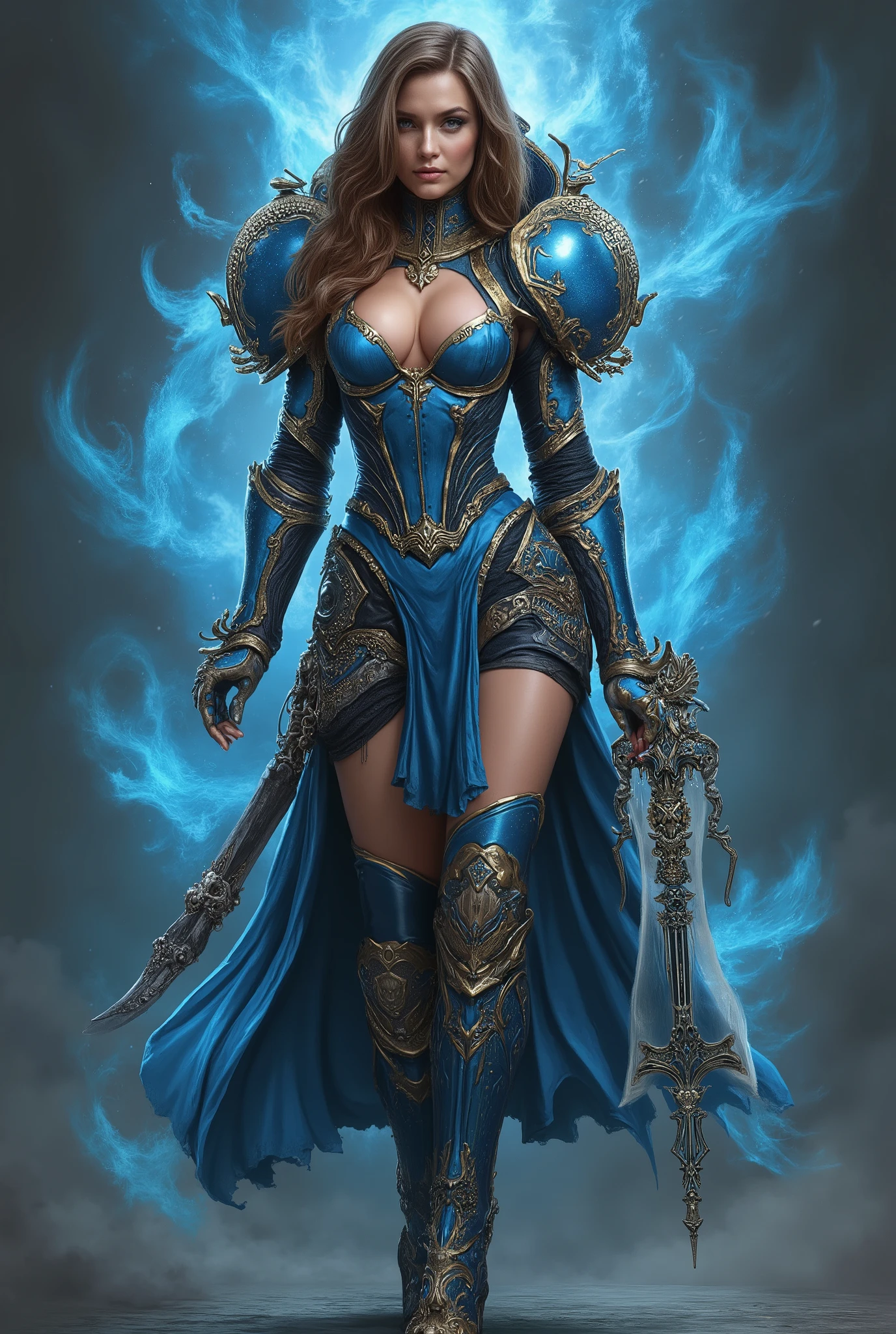 Impressive female Warhammer 40K psionic in light body-hugging sexy servo gear with free cleavage, blue and gold colors, hohe stilettstiefel, Impressive psionic rod, serrated chainsword with rotating blade, brunette hair frames perfect deeds, imperial symbols and seals decorate the armor, gloomy futuristic background, blue flashes in the background