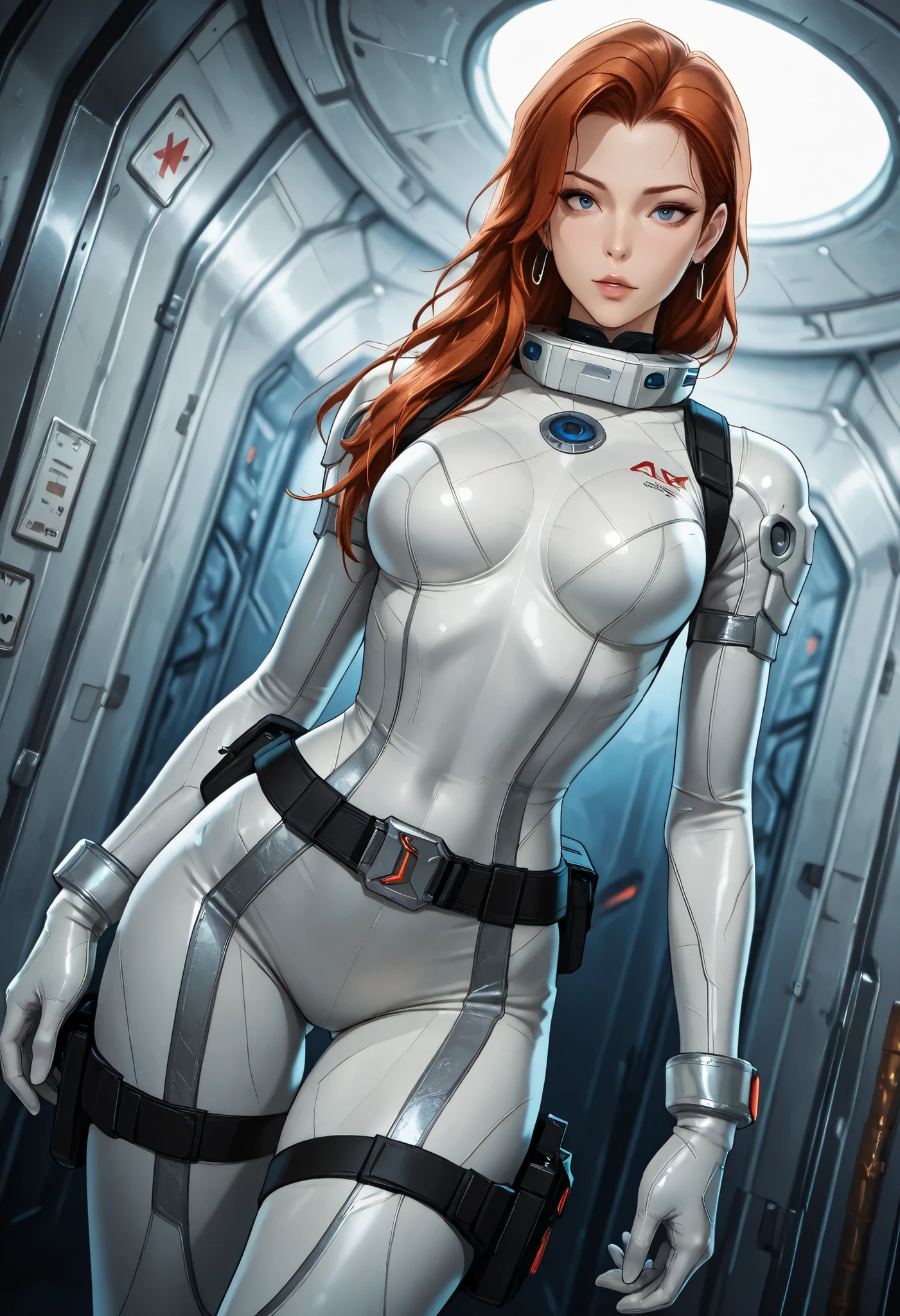 high resolution images, masterpiece, Highest Quality, amazing quality, official art, Highly detailed, Wallpaper, 1 girl, slender, A very attractive and slim woman wearing a tight spacesuit walks through the corridors of an abandoned and decaying space station in a futuristic world. dynamic angle,