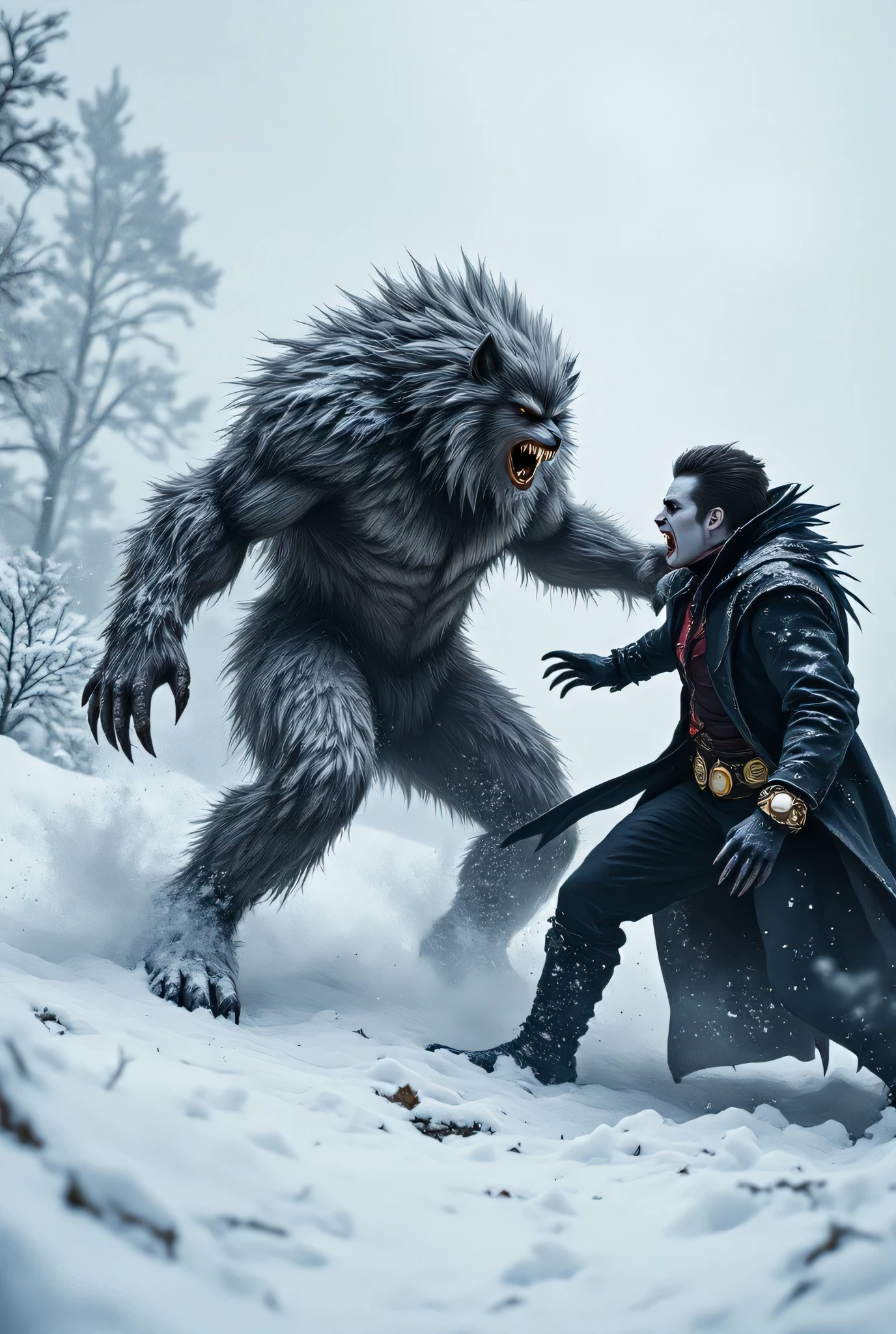 A werewolf beats a Vampire, . The vampire has a potion on his belt {x}, the confrontation between two huge forces, inscription "Only one" at the bottom of the picture deserves
Снег вокруг