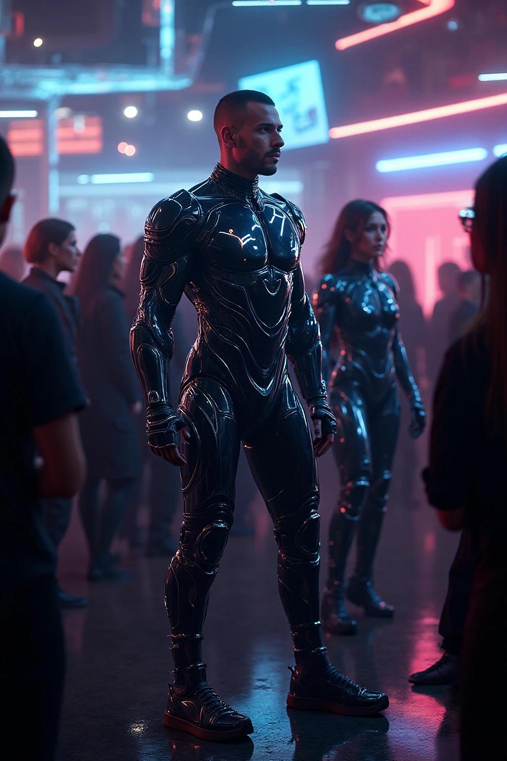 Comic, sci-fi armor, male, gauntlet cuffs, brown hair for the woman in the middle of the photo, blue visor. To keep the boy on the left as of the black race.