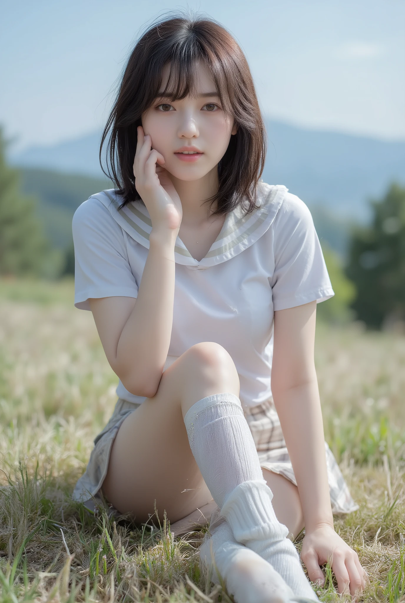 (high resolution:1.5), (masterpiece:1.5), full body, very detailed, best quality, 8k, (Cute Japanese woman), cute 20 year old beauty, Slender actress, (Small breasts:1.1), detailed face, Beautiful and elegant face, cute face, (Round face:1.4), thin lips, (medium bob hair), natural bangs, arched eyebrows, well-groomed eyebrows, cute eyes, beautiful eyes, beautiful thin nose, beautiful face line, (beautiful skin), (natural bangs), fair skin, Beautiful breasts, ((Slender body:1.5)), summer blue sky, mountain grass park, tight school sailor suit, (short sleeve school sailor suit), ((plaid pleated micro mini skirt)), (knee-high socks), (Beautiful navel), open navel, wearing a school sailor uniform that shows the navel, high angle composition , smooth skin, sitting on the grass,