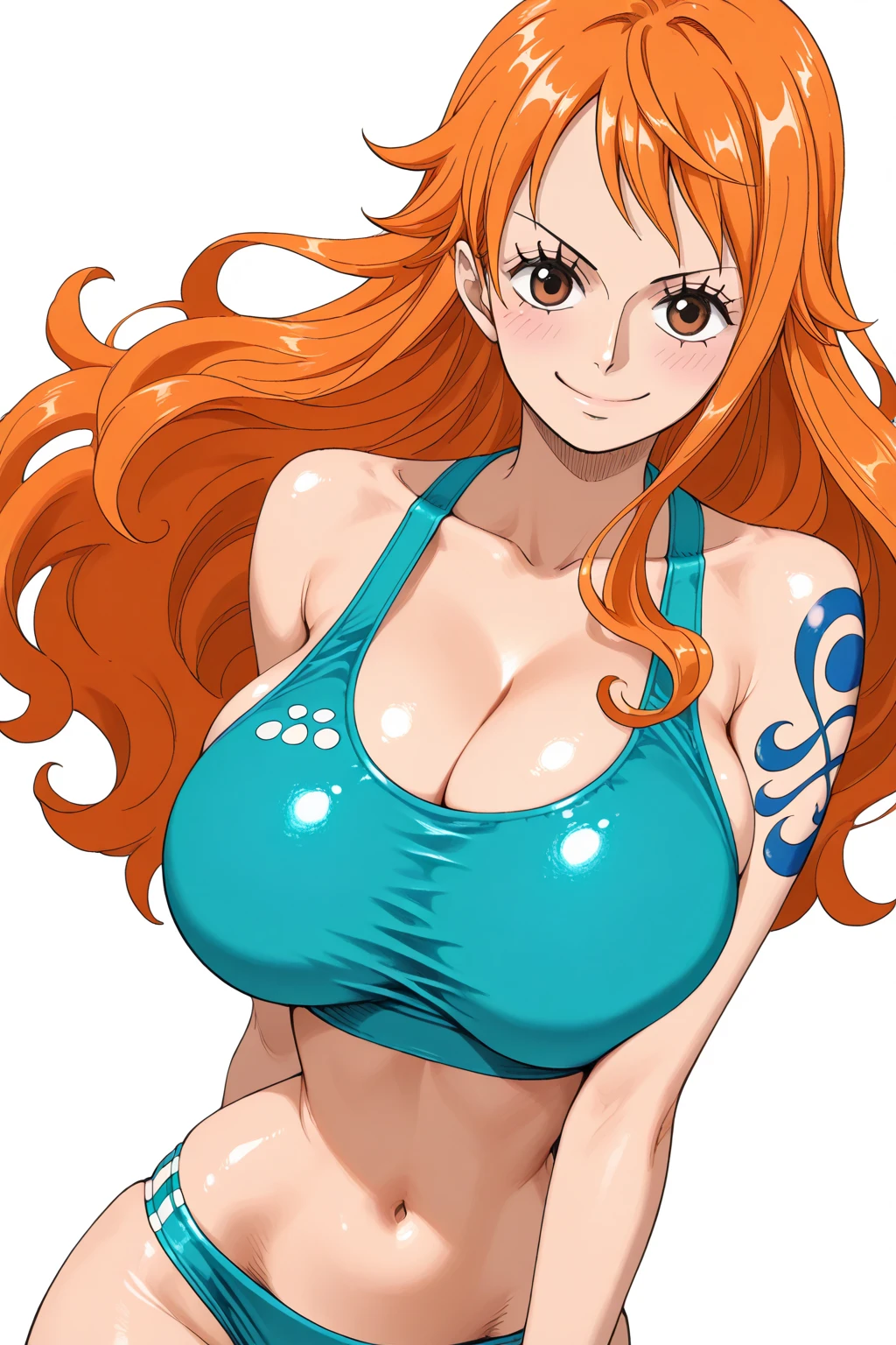 big lips, us'The skin (One piece), pink eyes, japanese face, improve, improve grin, two sides up, , Wide , , detailed, pink room, Hits, (evil smile1.4), kawaii, fold us (One piece), One piece, GOOD, nami costume (One piece), fold us (One piece), camisa nami (One piece), choker, fold us (One piece), camisa nami (One piece),navel piercing, cosplay de nami (One piece)