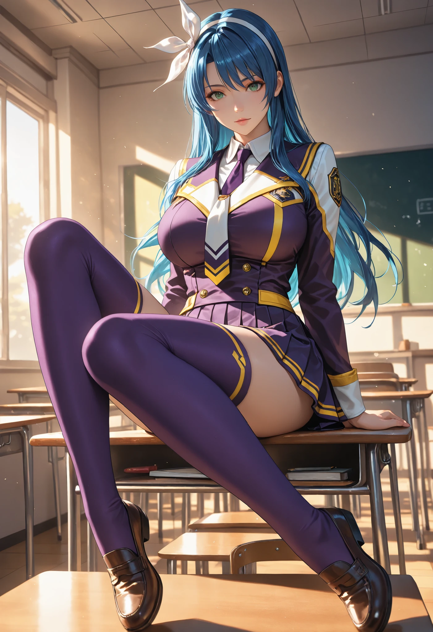 Otokawa Saori, 1girl, blue hair, long hair, green eyes, hairband, white ribbon, hair ribbon, purple school uniform, two-tone jacket, necktie, pleated skirt, purple thighhighs, yellow trim, large breasts, solo, detailed eyes, Makai Kishi, full body view, anatomically accurate ratio, the girl looks directly at the viewer, the girl is very beautiful, the girl has an incredibly beautiful face, detailed skin image. Evening, a beautiful sunset. The girl is in a Japanese school classroom, the girl sits on the teacher's desk elegantly crossing her legs. The girl smiles seductively, looking directly at the viewer. the beautiful sunlight highlights her beauty. Action pose, dynamic pose, dynamic action, dynamic angles, dynamic perspective, dynamic color, dynamic light. Masterpiece, best quality, vibrant, very aesthetic, high contrast, semrealistic, newest, top quality, good quality, proper lighting, proper shadows, extremely detailed CG unity 8k wallpaper, perfect lighting, colorful, ultra-high resolution, detailed background, masterpiece, top quality, best quality, good quality, (masterpiece, detailed:1.2)