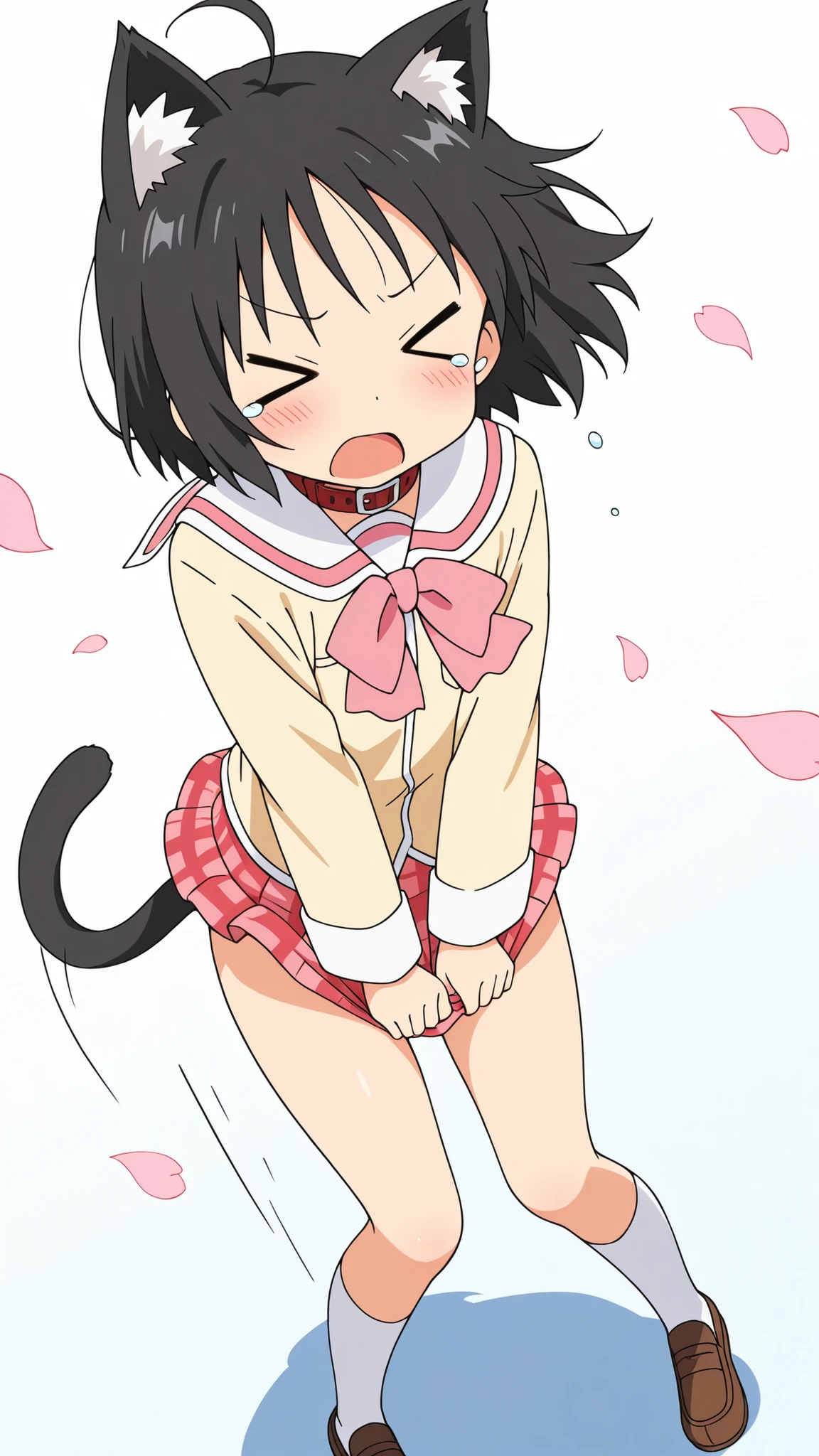 ((from above)),dramatic angle,(((face focus))),ahoge,(nsfw) , ((anime style)) , score_9 , score_8_up , score_7_up , source_anime , nano shinonome , yasuna oribe , ((dramatic angle)) , black short hair , (middle parted hair) , (((((>o<))))) , (black hair) , black Cat ears , black Cat tail , (((Skirt flipped up by cat's tail))) , ((red leather collar)) , 1woman , (((solo))) , (((((((mini skirt))))))) , (((A glimpse of her thighs))) , white sox , brown loafers , ((knee)) , long sleeves , yellow school uniform , plaid , red skirt , plaid skirt , tokisadame school uniform , (short torso) , ((no panty)) ,blush , (tears) , v-shaped eyebrows , ((((skirt tug)))) , ((((wind)))) , running motion , (((Skirt flipped up by the wind))) ,(white background),Flying petals,
