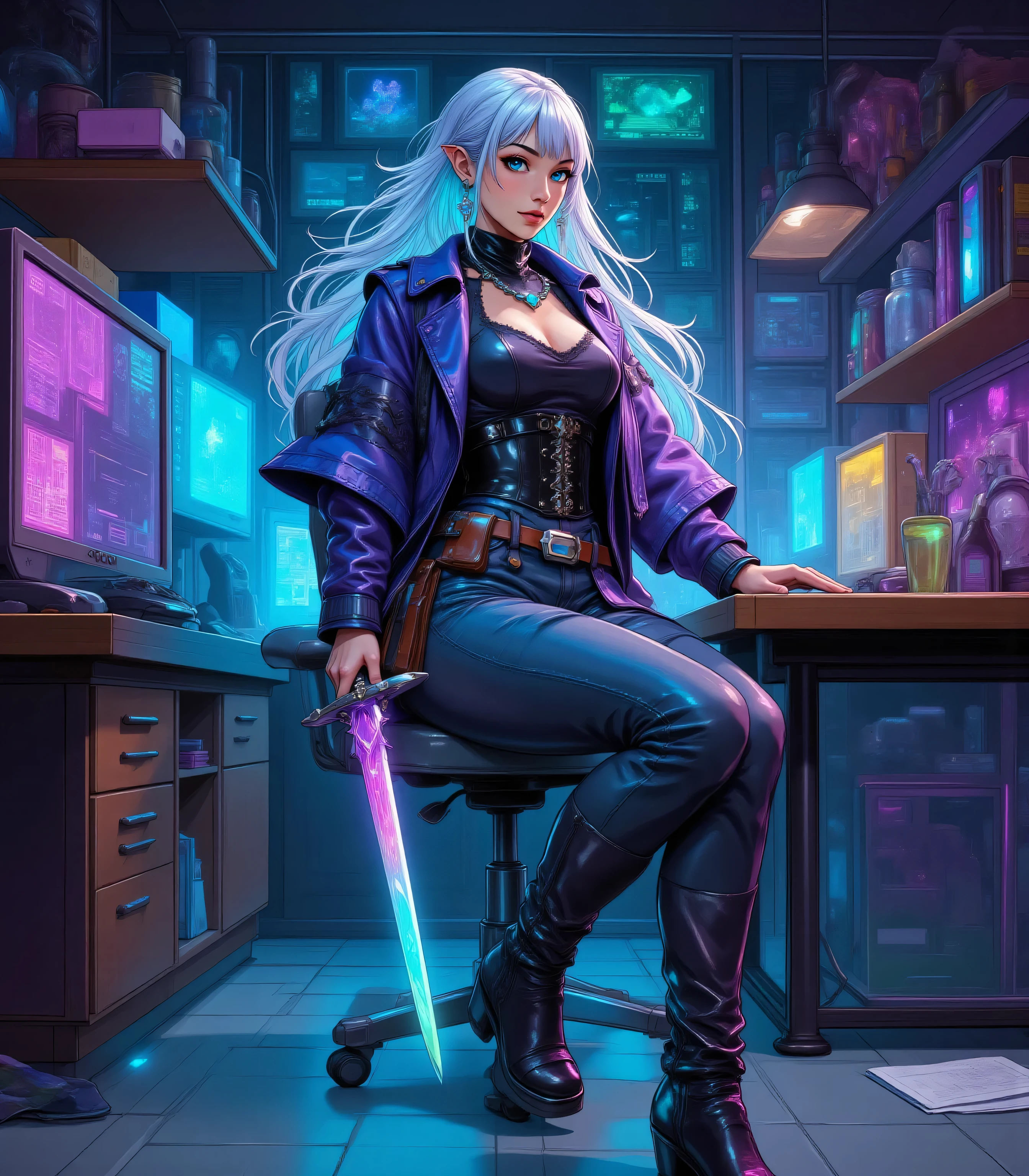 zavy-ctcmcs,Colorful, picture of an epic female elf arcane engineer  in a computer lab,  warrior of magic , fighter of the arcana, full body,   armed with an epic (scimitar: 1.3), glowing in blue light. in a lab a female beautiful  drow wearing leather armor , leather boots, thick hair, long hair, white hair, black skin intense eyes, high details, best quality, 16k, [ultra detailed], masterpiece, best quality, (extremely detailed), dynamic angle, ultra wide shot, RAW, photorealistic, fantasy art, dnd art, rpg art, realistic art, a wide angle , dynamic angle , high details, best quality, highres, ultra wide angle