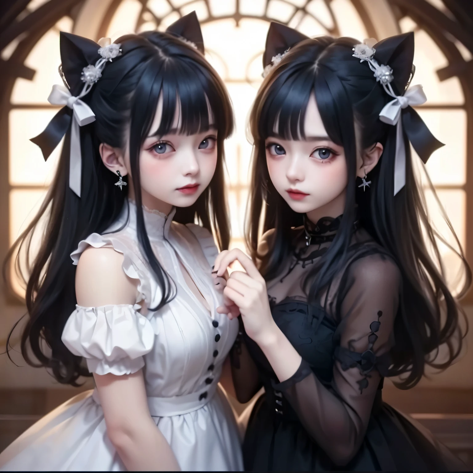 (twins), two cute girls, Long, glossy black hair, with bangs, [long hair], ribbon on head, blue eyes, (She is wearing a white dress with ruffles and bows), look at me, lovely, realistically, Highest Quality, High Details, high quality, masterpiece,    she's 18, ( revealing costume )