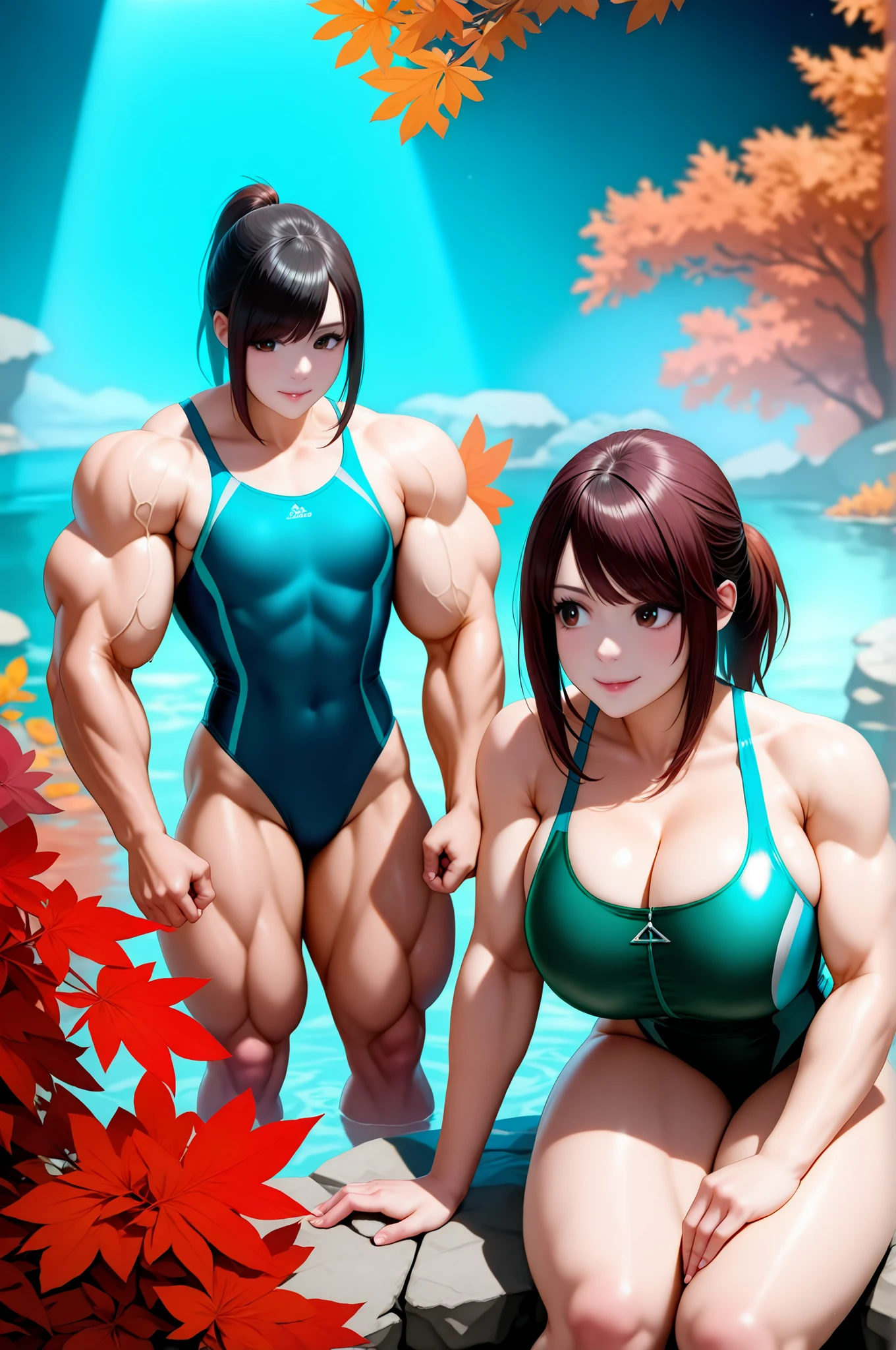 score_9, score_8_up , score_7_up , just describe what you want, tag1, tag2,official art, official style,game cg,illustration,
(masterpiece:1.5),(most detailed:1.5), (high resolution:1.5), (best quality:1.5),(perfect anatomy:1.5), (4K:1.3),
女の子2人:1.3, (side-by-side:1.5),左側に1人目\(優子\),右側に2人目\(聖子\),(competitive swimsuit:1.3),

(1人目  is muscular:1.8, 1人目 is flat chest:1.5, 1人目 is toned body:1.5, 1人目 wears green competitive swimsuit :1.3  ),

(2人目 is non muscular:1.8, 2人目 is huge breasts , 2人目 wears cleavage wears navy blue competitive swimsuit:1.3, 2人目 is ponytail with natural bangs: 1.3) ,

2人は日本人,(2人は黒髪:1.5),2人はbrown eyes,smile:1.3,
( Outdoor, Hot Spring ,mist:1.5,moonlit lake with shimmering reflections, Autumn, autumn leaves, fallen leaves :1.5),(  midnight, cold blue-black atmosphere, quiet and mysterious, dark, minimal light, cool rim light, silver glow, spotlight, vignetting, slightly sidelighting  :1.5 )