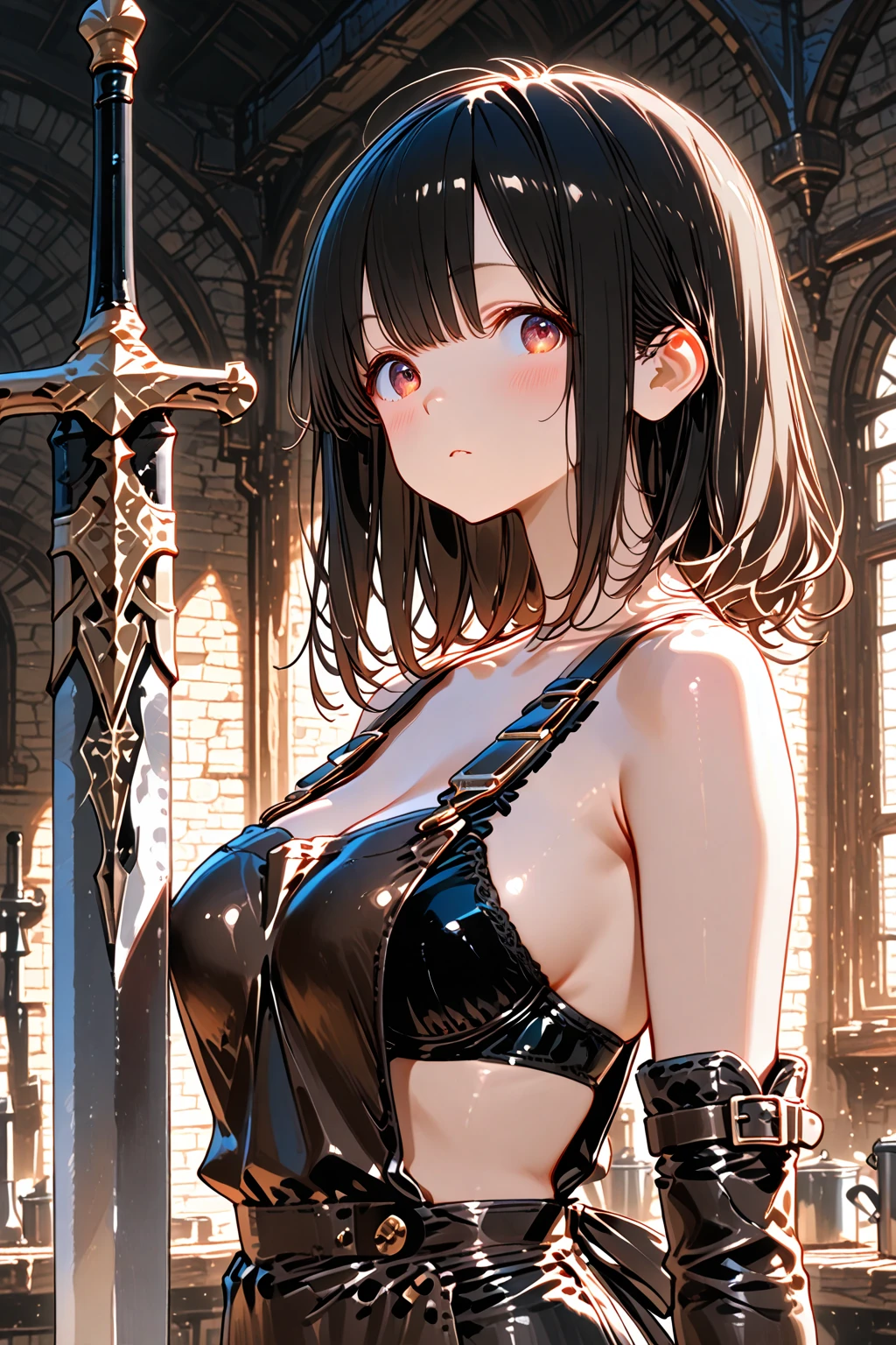 masterpiece, supreme quality, high resolution, (1 very cute girl:1.2), brown super short hair, big navy droppy eyes, beautiful , cleavage, black choker, (black bra and :1.2), black knee stockings, (sensual:1.4), (), armpits, empty eyes, shoot the whole body, (crucifixion:1.2), symmetry, a cross stand on ground, the cross made of timber, the girl is bound on the cross, aerial, (her right hand is bound on the right end of the horizontal bar of the cross with a shackle:1.1), (her left hand is bound on the left end of the horizontal bar of the cross with a shackle:1.1),  widely, (spread her arms out wide to the limit), outdoor, hill top, perfect face, perfect , (highly detailed), arch the body behind, shoot her between her legs, her pubic zone is covered with her , (wariza:1.1)