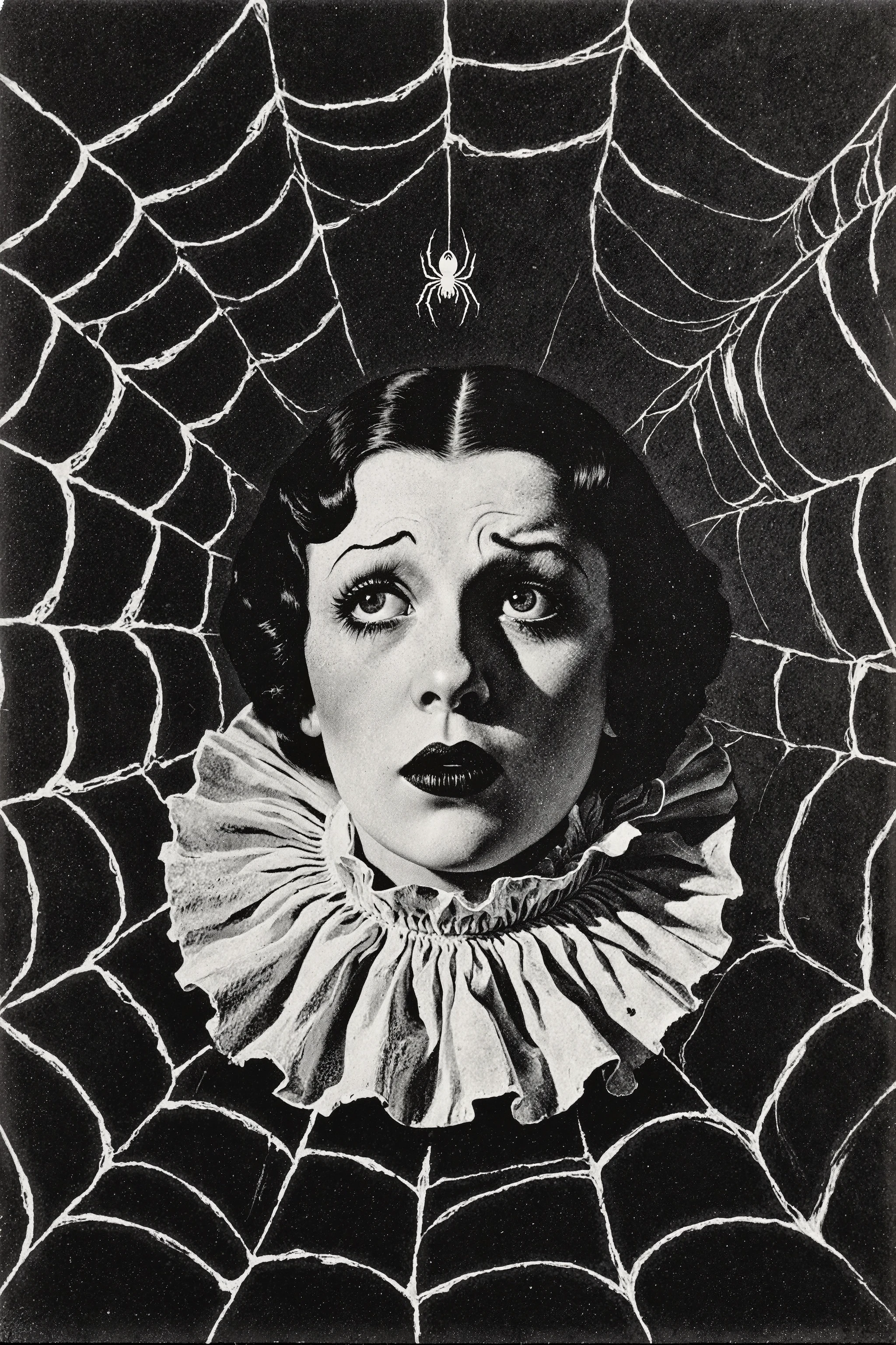 A surreal black-and-white photomontage portraying a woman’s head emerging from a large spider web,Watching out of the corner of my eye as a tiny spider descends on its thread, evocative of a vintage horror aesthetic. The woman, with fair skin and dark, styled hair, appears to be in her 30s. She wears a high, ornate ruffled collar, and her expression is one of fear and bewilderment, her eyes wide, staring upwards. The spider web dominates the composition, its intricate white strands radiating outwards from the woman's head, forming a circular pattern. Eight elongated, further enhancing the menacing illusion. The contrast between the bright web and the dark background is stark, creating a dramatic, gothic atmosphere. The lighting is harsh, highlighting the details of the web and the woman's face. The overall mood is eerie and unsettling, suggesting themes of entrapment and vulnerability. The composition is centered, drawing attention to the woman's face and the web, creating a feeling of claustrophobia and dread, possibly inspired by early cinema and classic horror posters.make up,Depressive Black,