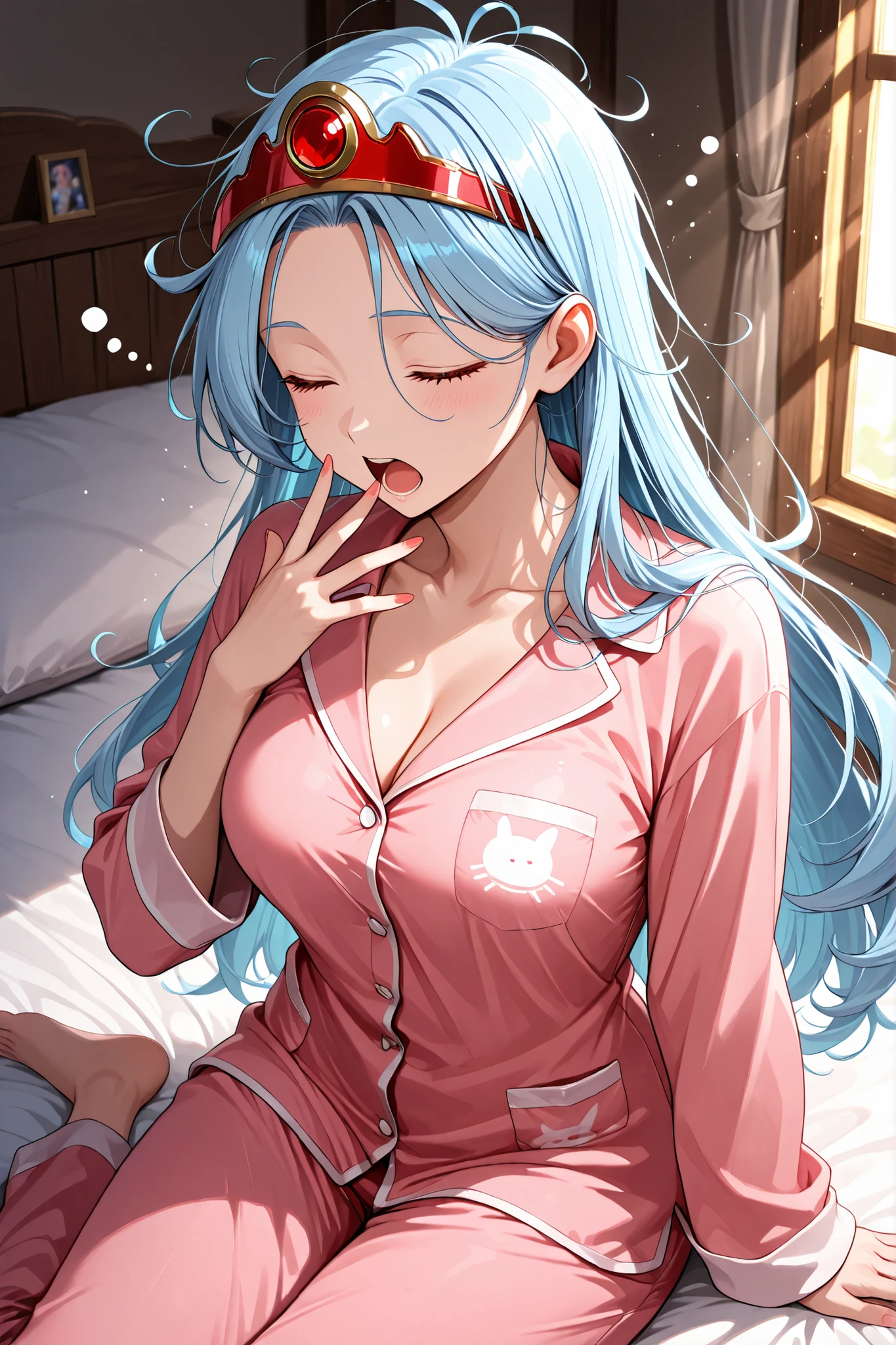 The Female Sage from Dragon Quest 3( Light blue long hair 、long hair、red jewel tiara、in pajamas during the diagnosis)、Light of the Sun shining through the window、Hair with mess、Wake Up、Yawning、on the bed、sitting on the bed
