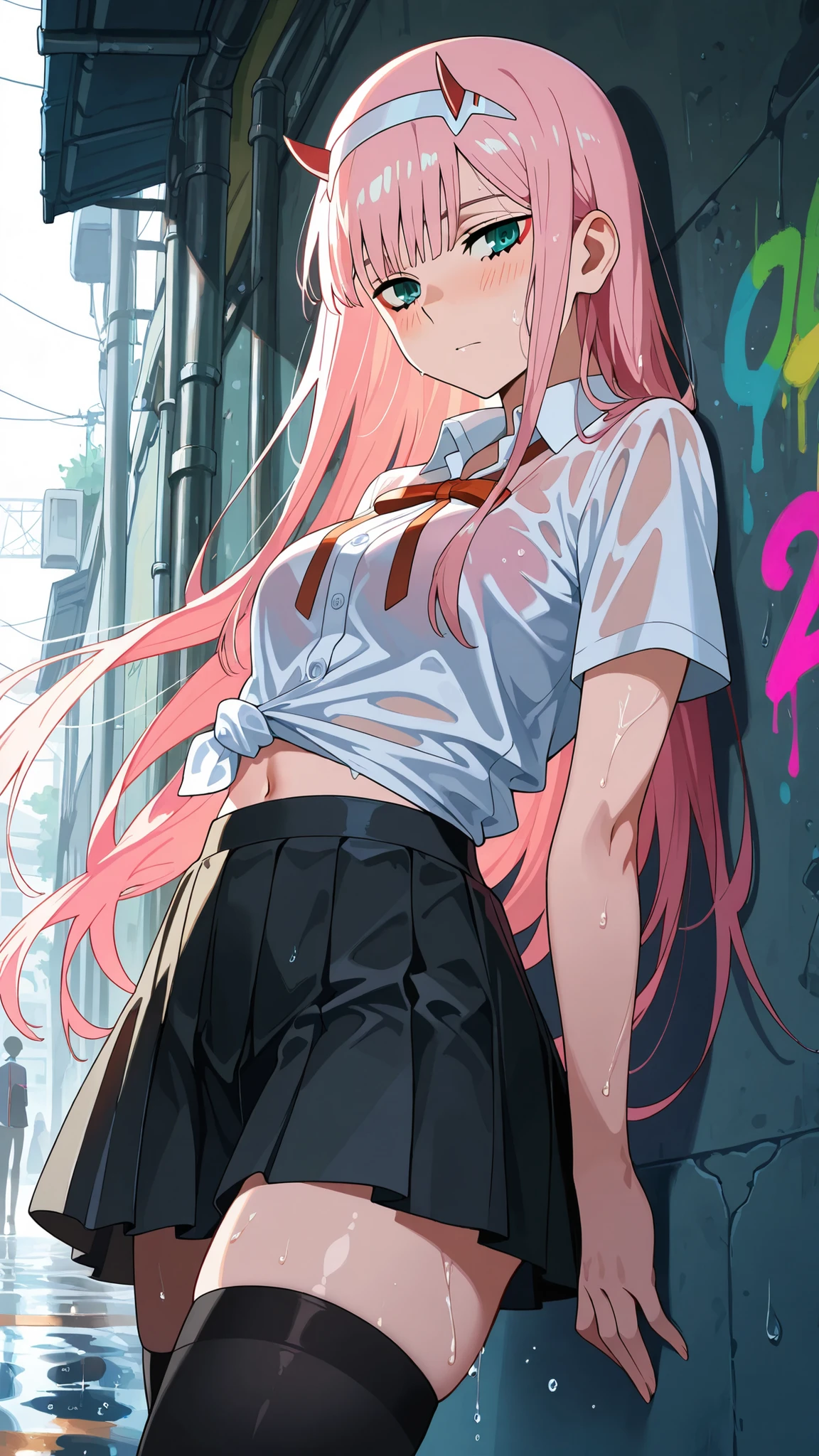 BREAK (masterpiece:1.2),highly detailed realistic anime background, narrow urban alley after rain, daylight scene with wet reflective asphalt, colorful graffiti on concrete walls, small puddles with bright sky reflections, metallic pipes and vents, warm sunlight breaking through clouds, subtle lens bloom and light flares, cinematic perspective, deep contrast and vibrant highlights, AMOLED lighting style, SDXL realism, ultra high quality, no people, zero two, zero two \(darling in the franxx\), green eyes, hairband, horns, long hair, pink hair, red horns, white hairband,simple buttoned shirt tied at chest,pleated tennis-style skirt,black skirt,high black sporty socks,thigh high socks,navel,midrif,faint blush from warm sunlight,soft reflections underfoot
,looking at viewer,cowboy shot,wide-angel,floating hair,shy face,standing near wall,leaning on wall,arched back,side shot,