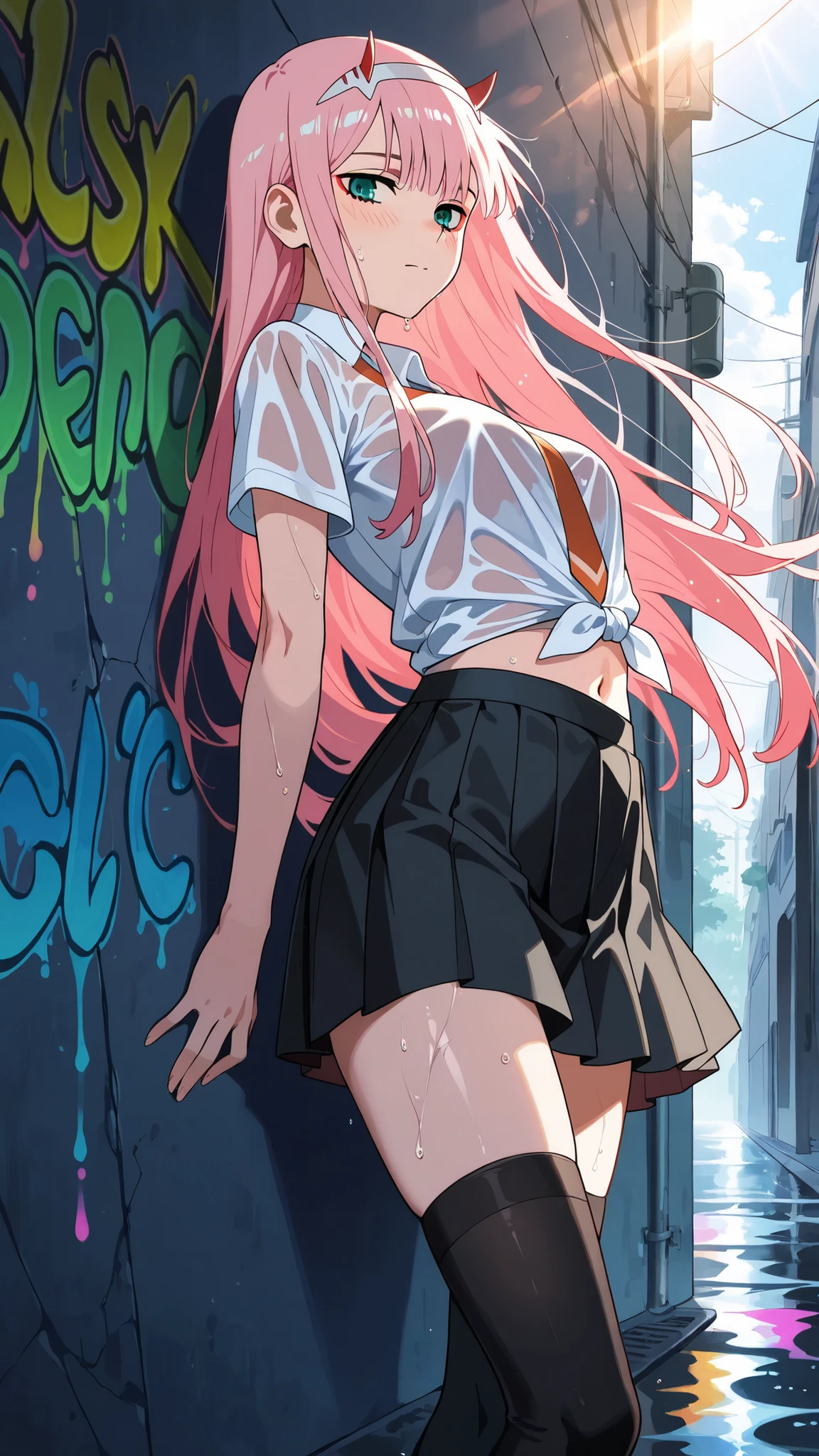 BREAK (masterpiece:1.2),highly detailed realistic anime background, narrow urban alley after rain, daylight scene with wet reflective asphalt, colorful graffiti on concrete walls, small puddles with bright sky reflections, metallic pipes and vents, warm sunlight breaking through clouds, subtle lens bloom and light flares, cinematic perspective, deep contrast and vibrant highlights, AMOLED lighting style, SDXL realism, ultra high quality, no people, zero two, zero two \(darling in the franxx\), green eyes, hairband, horns, long hair, pink hair, red horns, white hairband,simple buttoned shirt tied at chest,pleated tennis-style skirt,black skirt,high black sporty socks,thigh high socks,navel,midrif,faint blush from warm sunlight,soft reflections underfoot
,looking at viewer,cowboy shot,wide-angel,floating hair,shy face,standing near wall,leaning on wall,arched back,side shot,