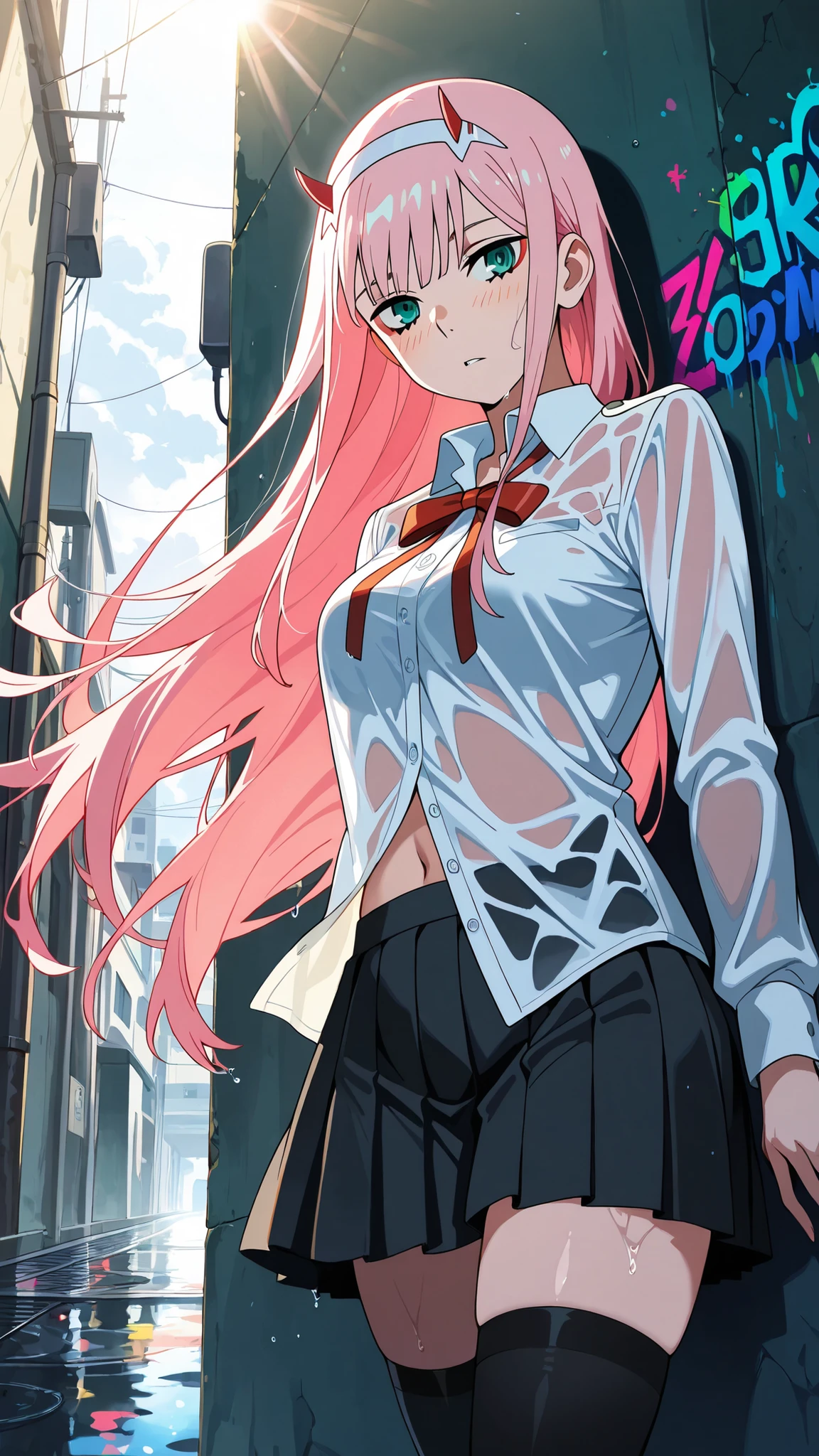 BREAK (masterpiece:1.2),highly detailed realistic anime background, narrow urban alley after rain, daylight scene with wet reflective asphalt, colorful graffiti on concrete walls, small puddles with bright sky reflections, metallic pipes and vents, warm sunlight breaking through clouds, subtle lens bloom and light flares, cinematic perspective, deep contrast and vibrant highlights, AMOLED lighting style, SDXL realism, ultra high quality, no people, zero two, zero two \(darling in the franxx\), green eyes, hairband, horns, long hair, pink hair, red horns, white hairband,simple buttoned shirt tied at chest,pleated tennis-style skirt,black skirt,high black sporty socks,thigh high socks,navel,midrif,faint blush from warm sunlight,soft reflections underfoot
,looking at viewer,cowboy shot,wide-angel,floating hair,blush,standing near wall,