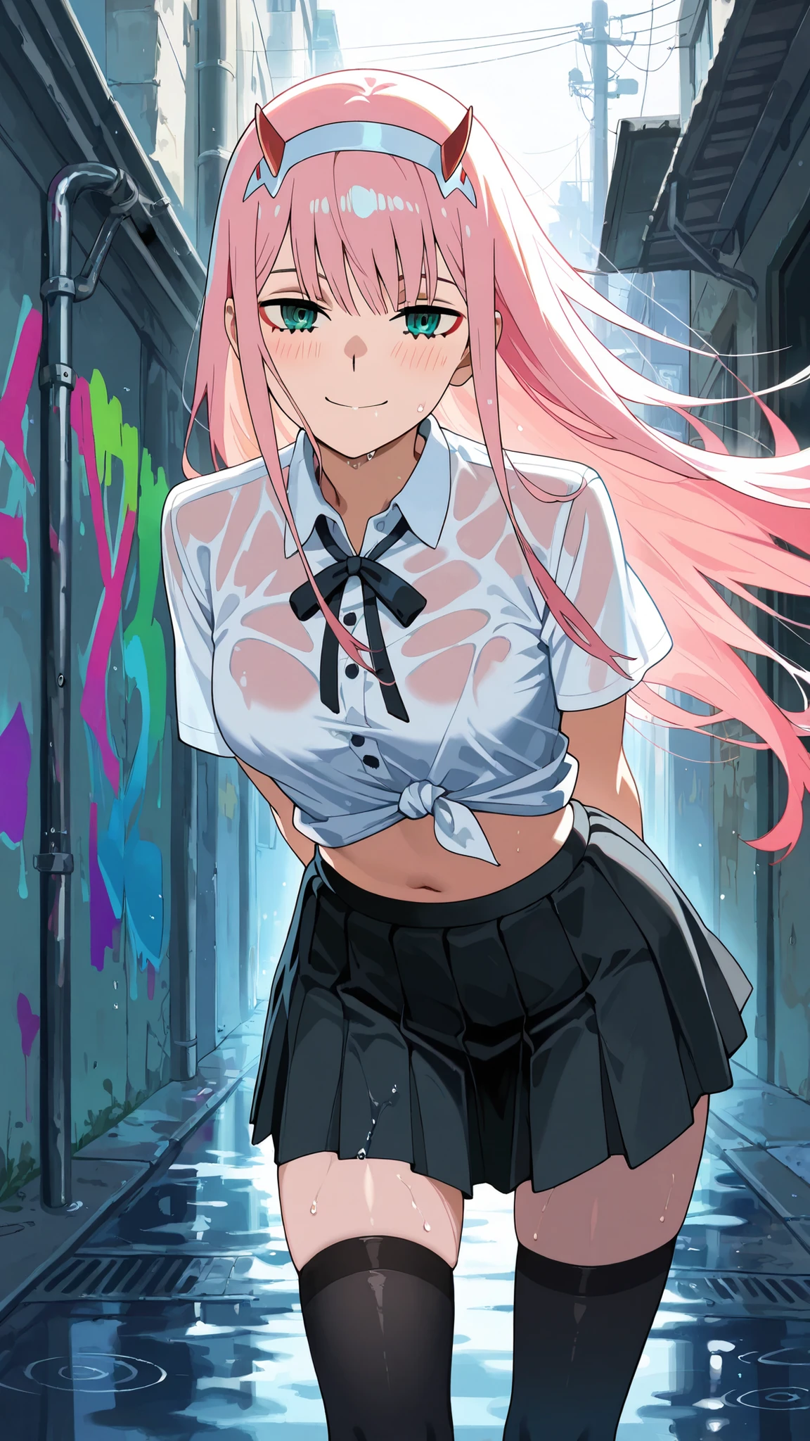 BREAK (masterpiece:1.2),highly detailed realistic anime background, narrow urban alley after rain, daylight scene with wet reflective asphalt, colorful graffiti on concrete walls, small puddles with bright sky reflections, metallic pipes and vents, warm sunlight breaking through clouds, subtle lens bloom and light flares, cinematic perspective, deep contrast and vibrant highlights, AMOLED lighting style, SDXL realism, ultra high quality, no people, zero two, zero two \(darling in the franxx\), green eyes, hairband, horns, long hair, pink hair, red horns, white hairband,,simple buttoned shirt tied at chest,pleated tennis-style skirt,black skirt,high black sporty socks,thigh high socks,navel,midrif,faint blush from warm sunlight,soft reflections underfoot
,looking at viewer,cowboy shot,wide-angel,floating hair,standing with hip slightly tilted, hands behind back, playful flirty smile, smooth legs, gentle curves, elegant yet suggestive mood,bent over