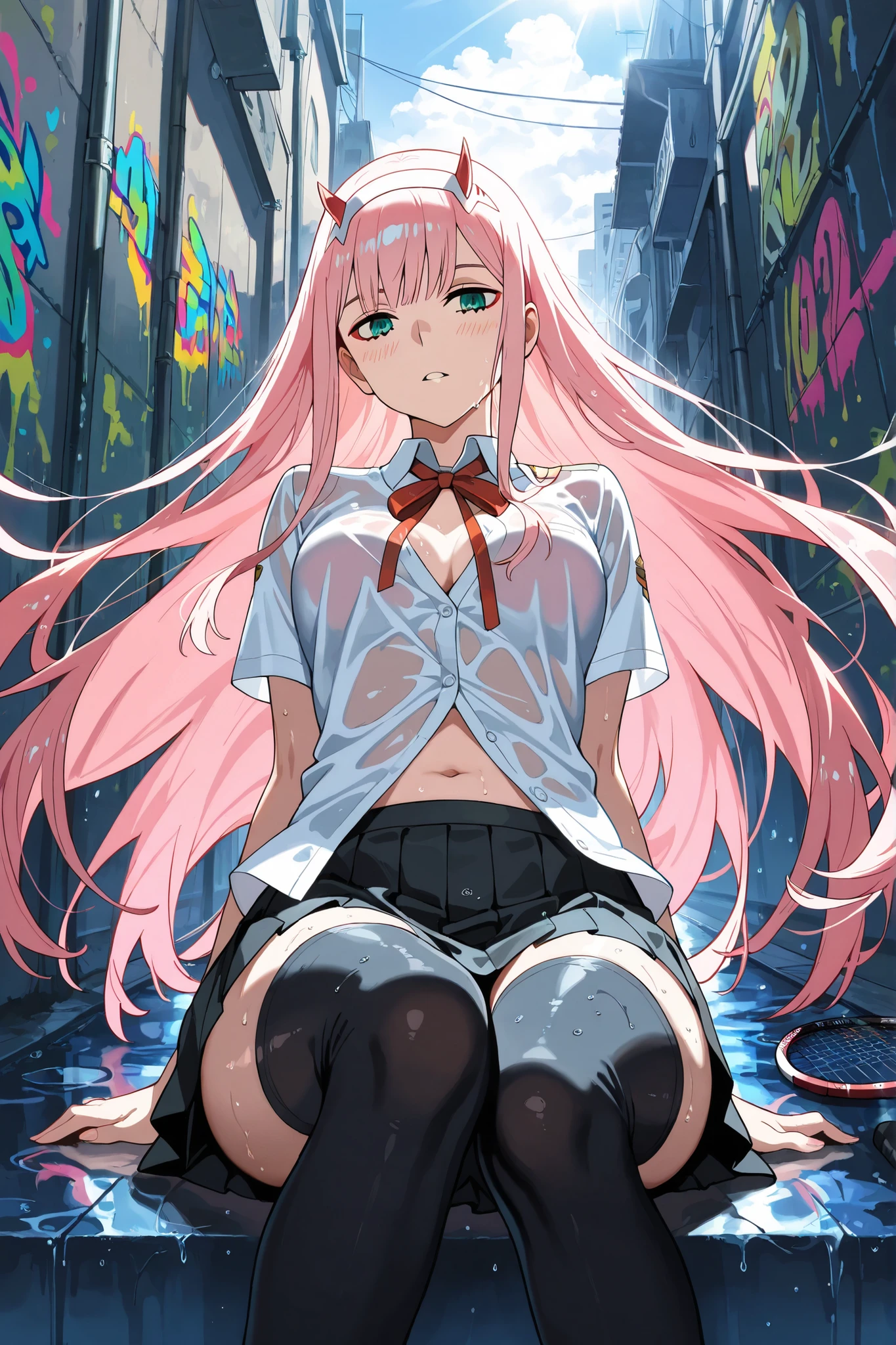 BREAK (masterpiece:1.2),highly detailed realistic anime background, narrow urban alley after rain, daylight scene with wet reflective asphalt, colorful graffiti on concrete walls, small puddles with bright sky reflections, metallic pipes and vents, warm sunlight breaking through clouds, subtle lens bloom and light flares, cinematic perspective, deep contrast and vibrant highlights, AMOLED lighting style, SDXL realism, ultra high quality, no people, zero two, zero two \(darling in the franxx\), green eyes, hairband, horns, long hair, pink hair, red horns, white hairband,,simple buttoned shirt tied at chest,pleated tennis-style skirt,black skirt,high black sporty socks,thigh high socks,navel,midrif,faint blush from warm sunlight,soft reflections underfoot
,looking at viewer,cowboy shot,wide-angel,floating hair,sitting sensually, suggestive posture, leaning back with hands behind, alluring body curves, soft expression, ultra detailed, 4k