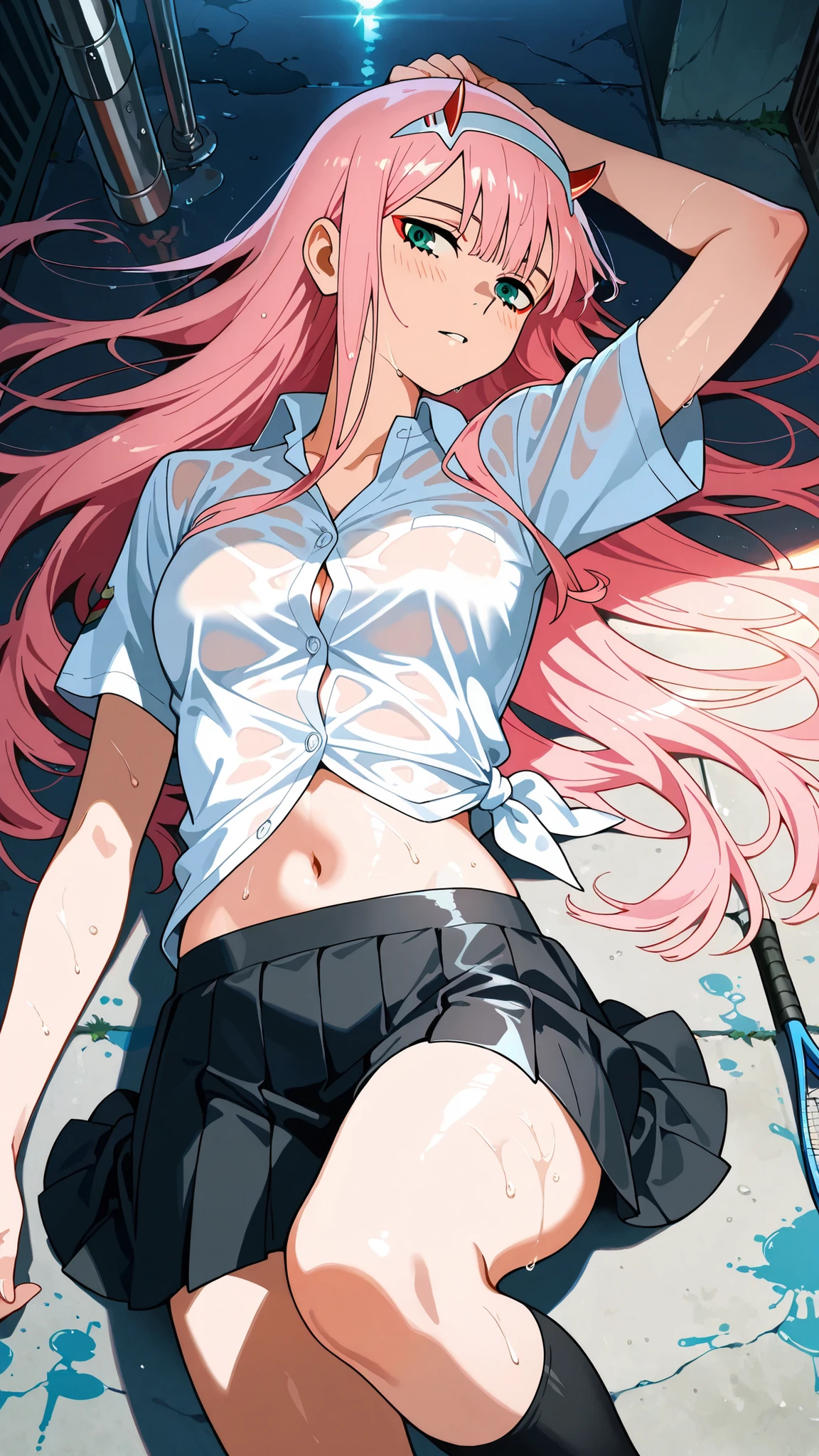 BREAK (masterpiece:1.2),highly detailed realistic anime background, narrow urban alley after rain, daylight scene with wet reflective asphalt, colorful graffiti on concrete walls, small puddles with bright sky reflections, metallic pipes and vents, warm sunlight breaking through clouds, subtle lens bloom and light flares, cinematic perspective, deep contrast and vibrant highlights, AMOLED lighting style, SDXL realism, ultra high quality, no people, zero two, zero two \(darling in the franxx\), green eyes, hairband, horns, long hair, pink hair, red horns, white hairband,,simple buttoned shirt tied at chest,pleated tennis-style skirt,black skirt,high black sporty socks,thigh high socks,navel,midrif,faint blush from warm sunlight,soft reflections underfoot
,looking at viewer,cowboy shot,wide-angel,floating hair,lying on her back, head tilted back toward viewer, one arm near head, relaxed pose, top-down angle from above her head, vertical frame