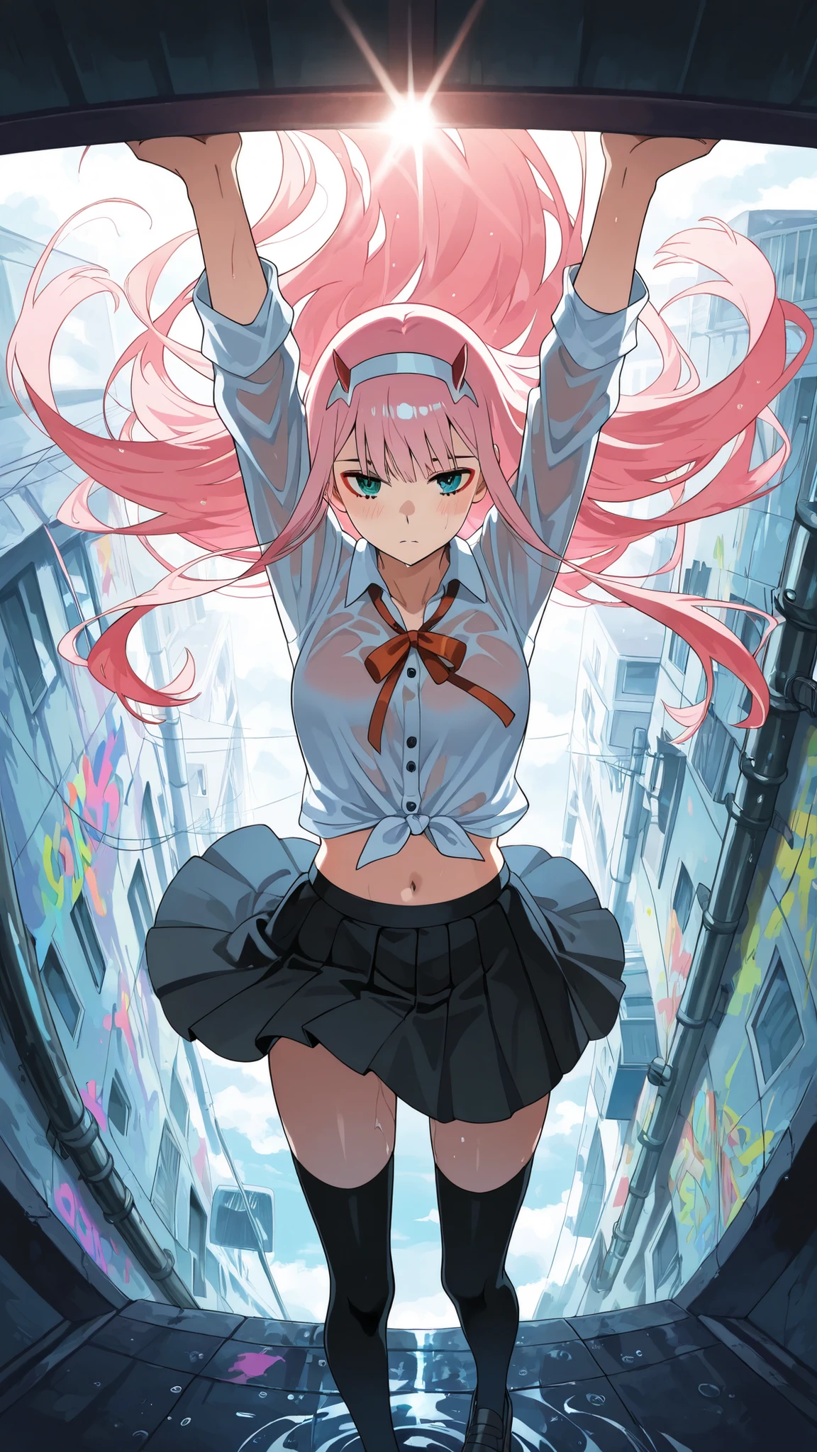 BREAK (masterpiece:1.2),highly detailed realistic anime background, narrow urban alley after rain, daylight scene with wet reflective asphalt, colorful graffiti on concrete walls, small puddles with bright sky reflections, metallic pipes and vents, warm sunlight breaking through clouds, subtle lens bloom and light flares, cinematic perspective, deep contrast and vibrant highlights, AMOLED lighting style, SDXL realism, ultra high quality, no people, zero two, zero two \(darling in the franxx\), green eyes, hairband, horns, long hair, pink hair, red horns, white hairband,,simple buttoned shirt tied at chest,pleated tennis-style skirt,black skirt,high black sporty socks,thigh high socks,navel,midrif,faint blush from warm sunlight,soft reflections underfoot
,looking at viewer,cowboy shot,wide-angel,floating hair,lying on her back,top-down angle (shot positioned above head,), vertical composition, perspective emphasizing upper body and face