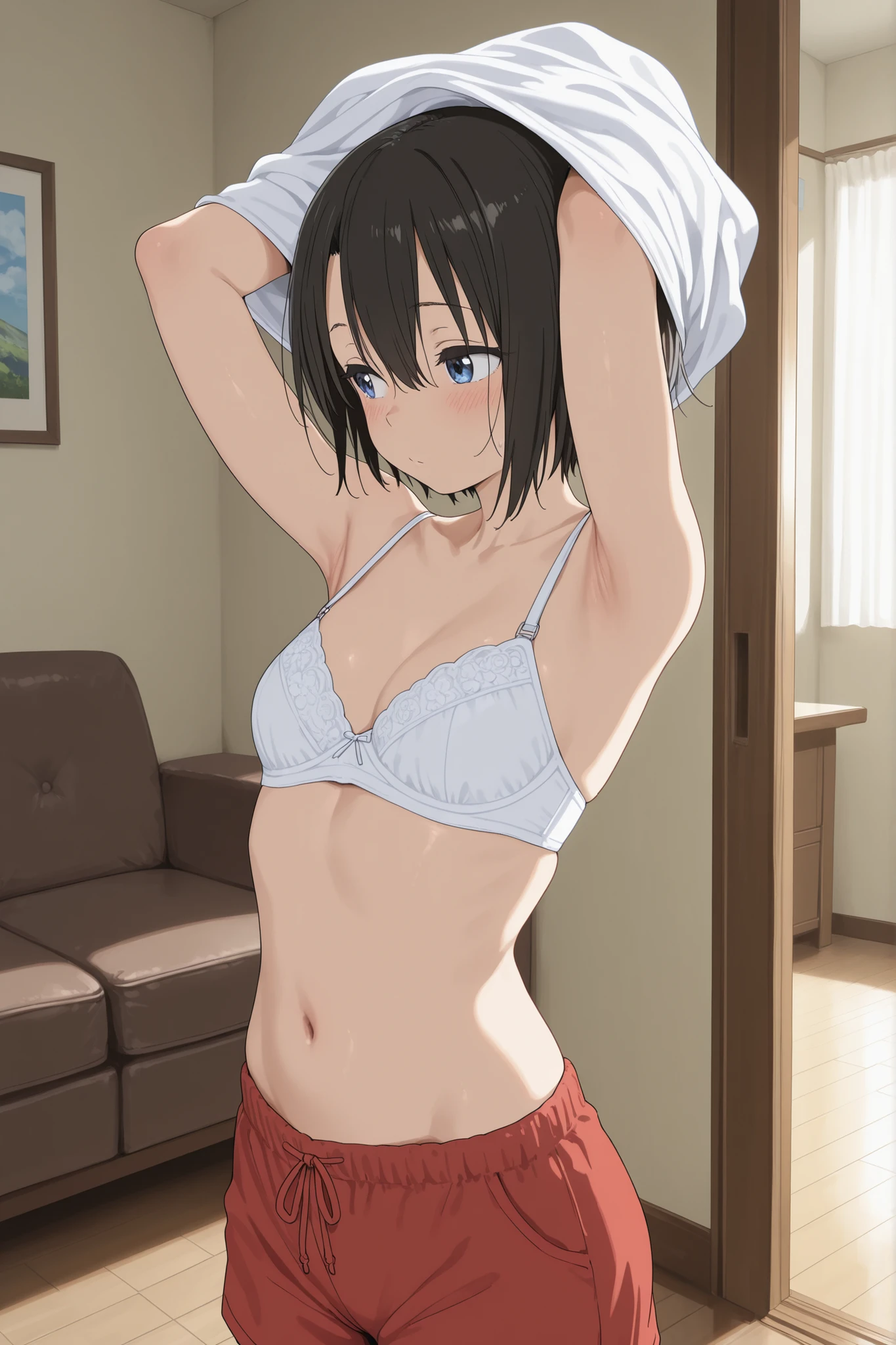 masterpiece, best quality,highres,scenery,newest,(mdf_an:0.7),(alp:0.6),(pija:0.7),1girl, nishimiya yuzuru,blue eyes,very short hair, black hair,white top,undressing,arms up,white bra,red shorts,blush,looking away,living room,solo ,