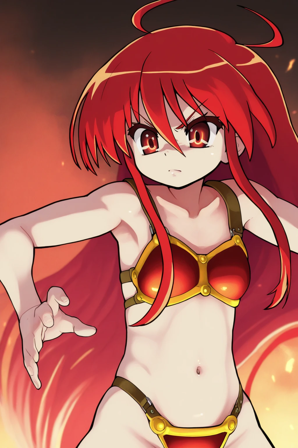 score_9, score_8_up, score_7_up, score_6_up, score_5_up, score_4_up,  source_anime, best quality, 1girl, dark skinned girl, solo, red hair, Ponytail, anime hair, headband with a blue stone in the middle, green eyes,  naked covered in flames, lava cave, <lora:Shayla_El_Hazard:1>