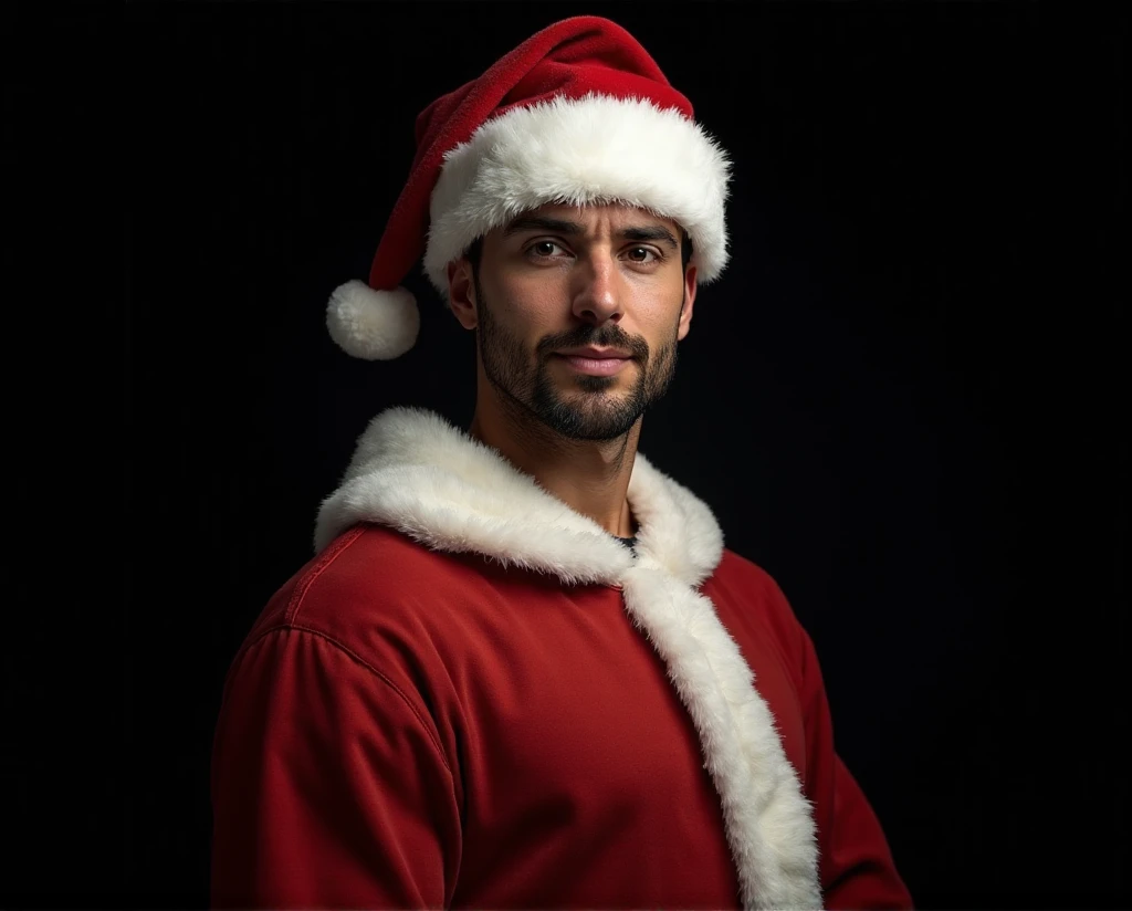 Medicin doctor wore Santa Claus' clothes ,Strong body,bellyfat,Icy background,40-year-old middle-aged man,male people,he is about 40 years old,Thick eyebrows, Big eyes,opens his eyes wide,With a smile,Gentle expression,Give gifts,musculature,