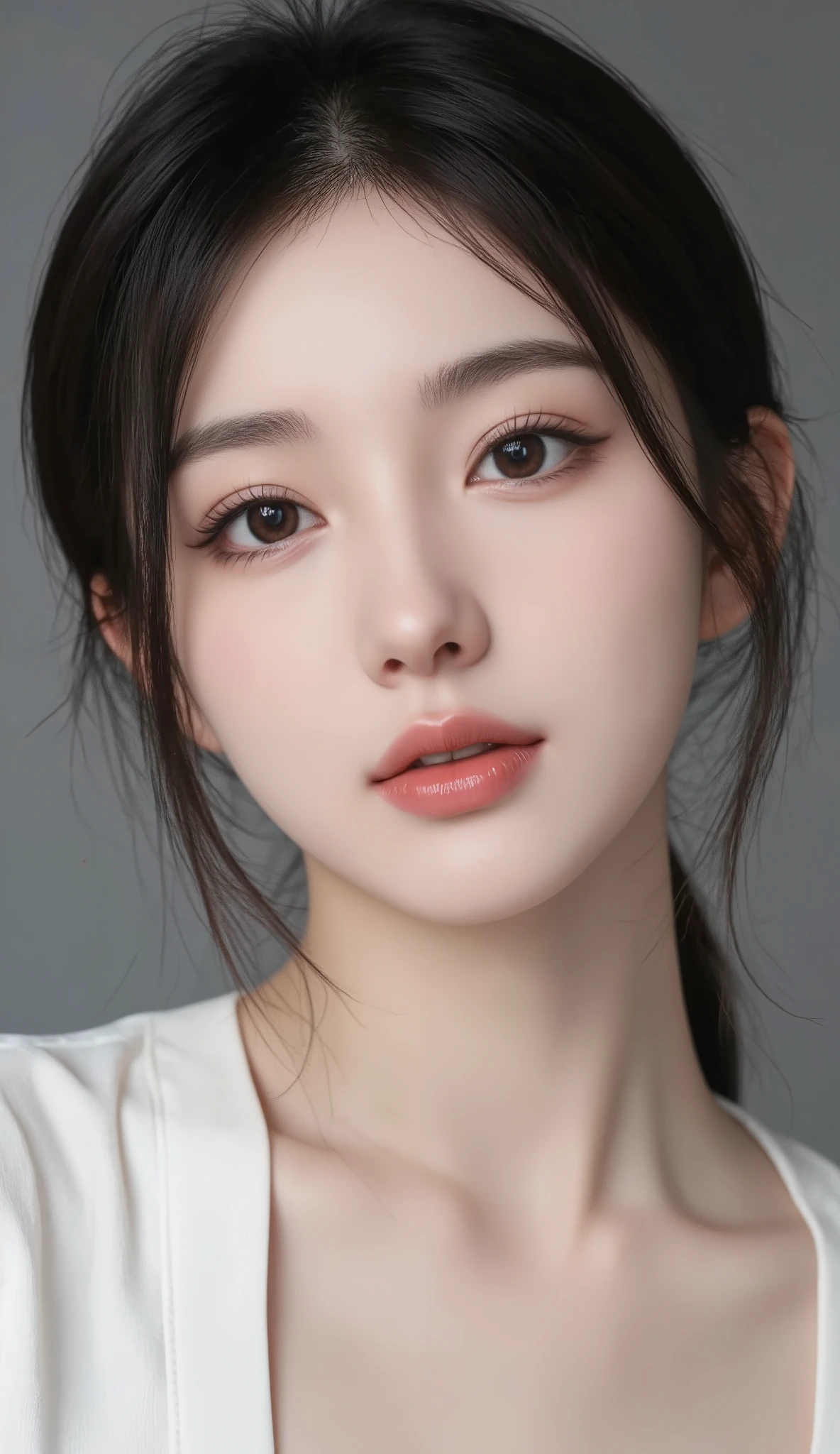 Create an ultra-realistic 16-year-old Korean female K-Pop idol with an extreme 99% Korean Beauty Standard score in a 9:16 portrait composition, focusing on hyper-precise facial proportions and a teens-friendly idol aura: an exceptionally small and perfectly symmetrical V-line face with flawless porcelain skin and a soft matte glow, ultra-smooth texture without blemishes, golden-ratio facial balance, large natural double eyelids with a clean upper crease, big bright doe-eyes with a slight feline tilt, long straight curled lashes, soft straight Korean-style brows with perfect alignment, subtle aegyo-sal, a high and narrow nose bridge with a refined and naturally pointed tip, a slim S-curve nose line, a small neat philtrum, soft heart-shaped lips with a delicate cupid’s bow and natural gradient tint, and an elegant gently tapered jawline; her expression should be calm, fresh, bright, and youthful, capturing the purity and innocence of a 16-year-old trainee while maintaining top-tier visual charisma; full body proportions include height 160–168 cm, long legs, naturally slim build with healthy teenage proportions, gentle soft lines, straight posture, clean body curves appropriate for her age, and graceful movement; hairstyle should be long silky black or dark brown hair with straight glossy strands that flow neatly; teen-appropriate Korean idol makeup with light pink touches, minimal eyeliner, subtle blush, almost no contouring, and a fresh dewy highlight; outfit should match the style based on the reference photo provided in Gemini, recreated as a modest, clean, teens-friendly K-Pop stage or photoshoot styling with soft colors and simple accessories; lighting must be bright and studio-quality, emphasizing symmetry, clarity, and high-definition detail with a shallow cinematic depth-of-field; the final image should radiate elite visual-center energy, innocent yet charismatic trainee aura, and the highest level of Korean beauty standard perfection at 99% without any mature