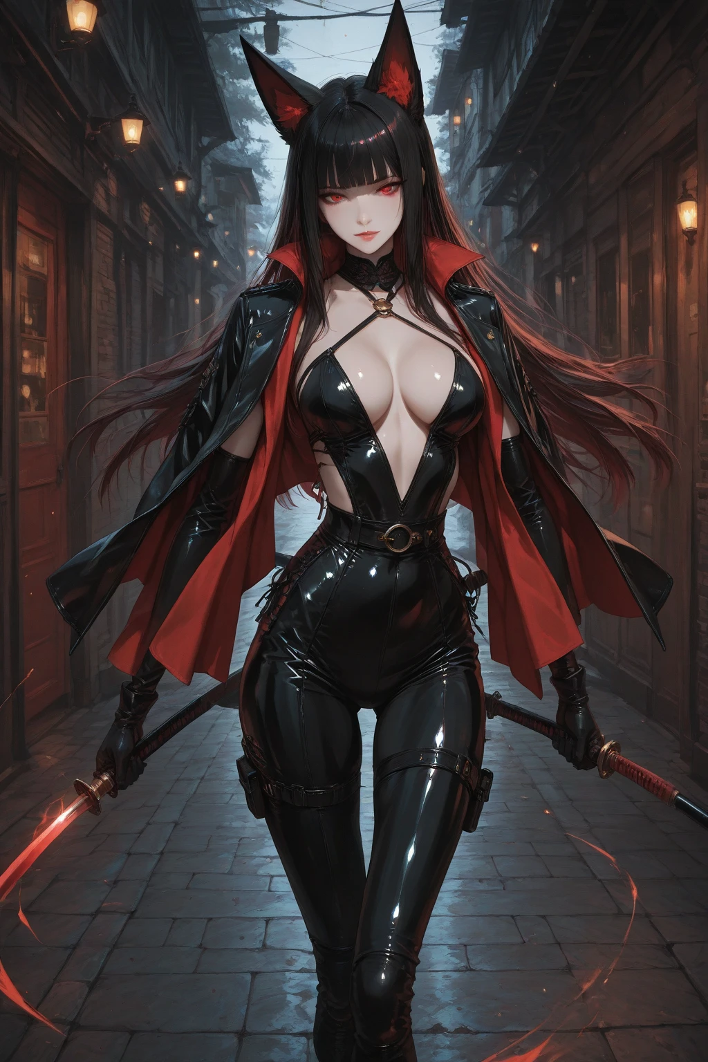 （hiquality、）、a cool，An 18-year-old woman，Long straight hair with red highlights on black hair，Red Eyes，sharp eye，Intricately decorated red leather bodysuit，cross belt，Comical illustration，Fantasia、Beautuful Women、Small breasts、Detailed expression of realistic skin texture、busy、Combat stance、buttle、Martial artist、faust、dance