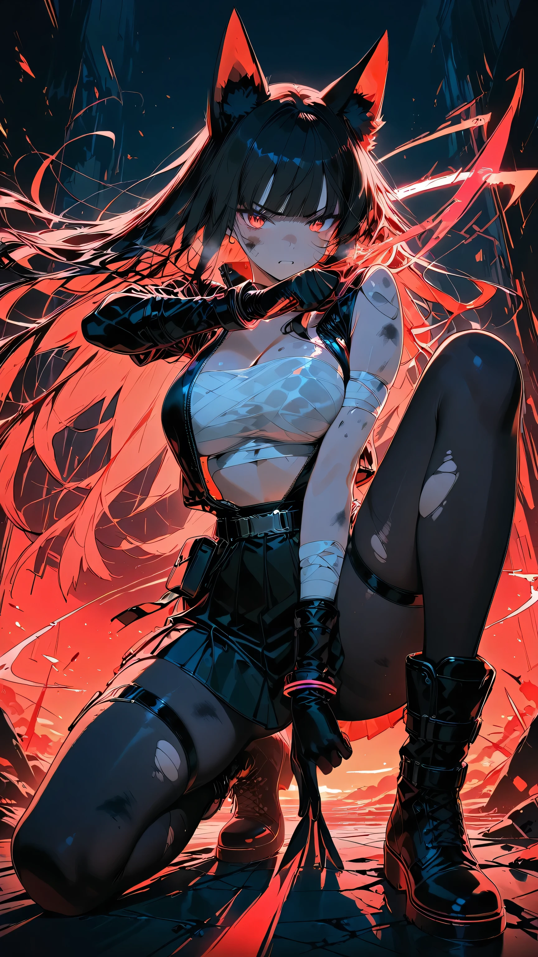 (masterpiece, best quality, ultra-detailed, anime style, cinematic lighting, dramatic tension, short sequence),<Akakitsune>, fox_ears, red_eyes, long_black_hair, blunt_bangs,
white_sarashi_top, japanese_open_clothes, black_pleated_mini_skirt,large breasts,wet hair, wet skin, action pose, fighting,defeat,(Dirty:1.5), (torn clothes:1.3),(tained:1.5),wet clothes, Heavy breathing,tall stature,large 
bandaged_arm, black_gloves, bandaged_leg, black_pantyhose, black_boots_footwear,
she performs a calm, precise horizontal motion, leaving a single trail of light across the frame,
background cyberpunk, soft wind moves her hair, silent atmosphere,

