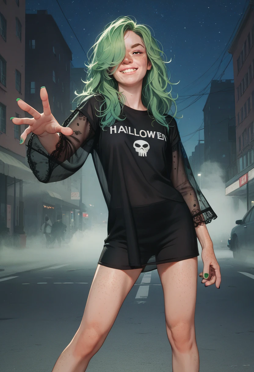 1girl, goblin, green skin, messy short hair, crop top, white pants, full body, ((yellow peeing stain)), sfw, standing, in public, relieved sigh, open mouth, closed eyes