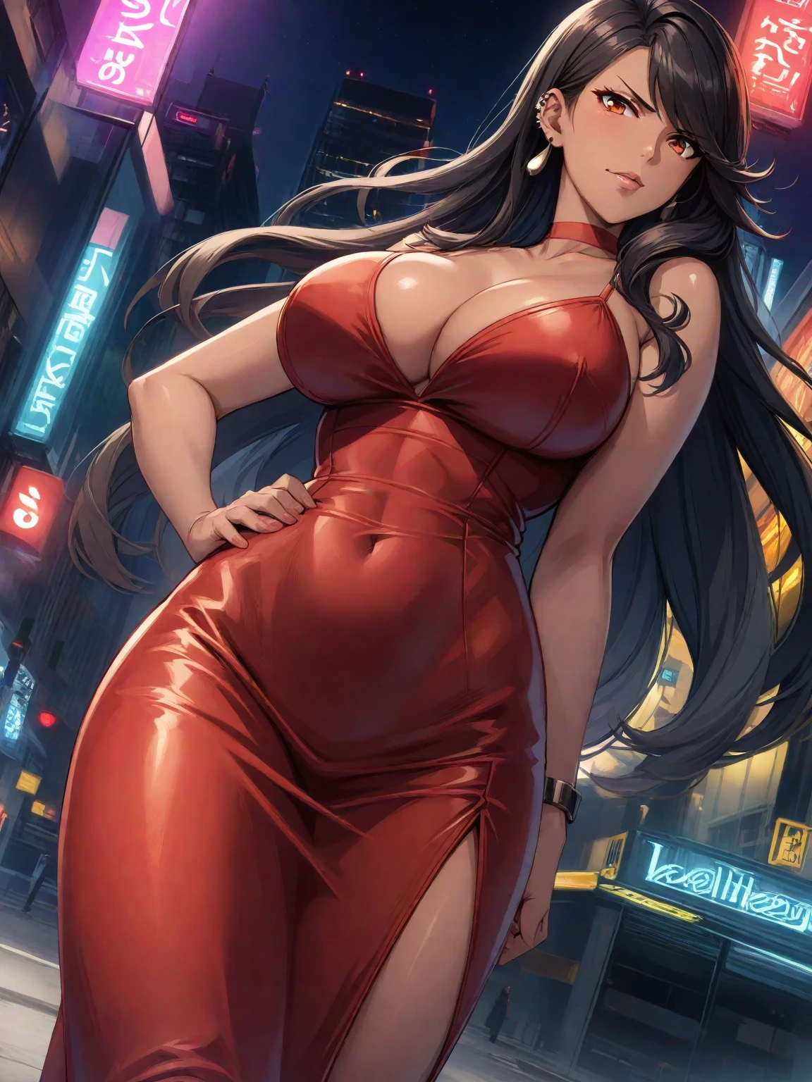 score_9, score_8_up, score_7_up, ASCII masterpiece, source_anime, BREAK, 1girl, solo, (( <lora:mari_ooaya:1> , mari_ooaya, normal waist, wide hips, beautiful skin, beautiful black hair, beautiful dark blue hair, clear eyes, piercing dark blue eyes, bright pupils, beautiful eyes, huge and shaggy breast, beauty, extraordinary beautiful woman, attractive woman, super sexy woman, lustful body, sexy woman with seductive obscene body, sensual body, voluptuous body, long hair, )) , (( obscene cleavage, erotic red dress )), cowboy shot, leaning, motor vehicle, ground vehicle, motorcycle, sitting, on motorcycle, night, street, front view, seducative smile, closed mouth,