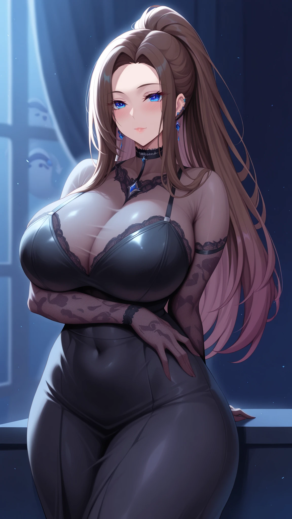 and up to a sign with ghosts, detailed explanation, vivid, visiosomni, Gothic_Egirl, Alone Female Protagonist, Medium Brown Hair, shining blue eyes, Black Lace See-Through Costume, Elegant Sheer Neck and Arms, Slightly See-through Chest Design, Soft lighting just for the shirt, Attractive Curves, action pose, black lace gloves, Confident Expression, long ponytail