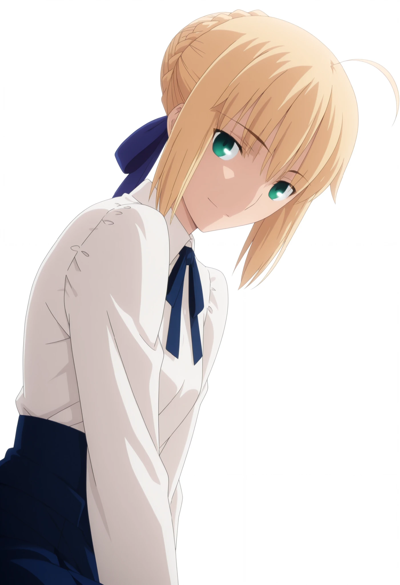 masterpiece, best quality, amazing quality, highres, absurdres, very aesthetic, high resolution, ultra detailed, perfect details, day , 8k, , , from ,backlight, , (beautiful light), ,((white background, simple background)), soft natural light , dutch angle,
1girl, ufotable style, anime style, (anime coloring), (anime screencap) ,(), cowboy shot,,(yokozuwari), head tilt, ,
artoria pendragon (fate), saber (fate), blonde hair, green eyes, ahoge, stupid hair ,hair ribbon, blue ribbon, french braid, braided bun, single hair bun, short hair, sidelocks, looking at viewer,(glistening),(glistening skin),(glistening body), (glistening hair), (glistening Face), light smile,
white shirt, long sleeve, blue skirt, ,