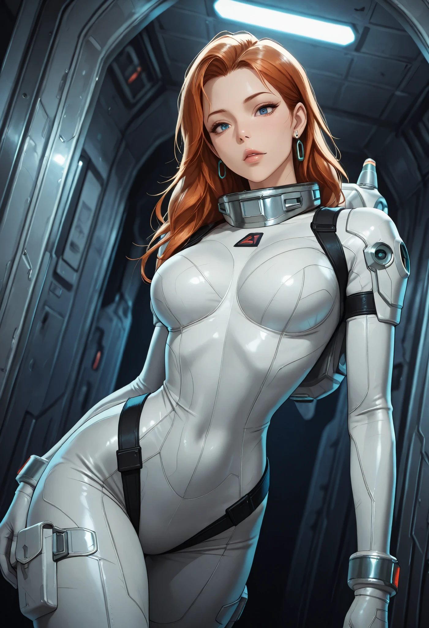 high resolution images, masterpiece, Highest Quality, amazing quality, official art, Highly detailed, Wallpaper, 1 girl, slender, A very attractive and slim woman wearing a tight spacesuit walks through the corridors of an abandoned and decaying space station in a futuristic world. dynamic angle,